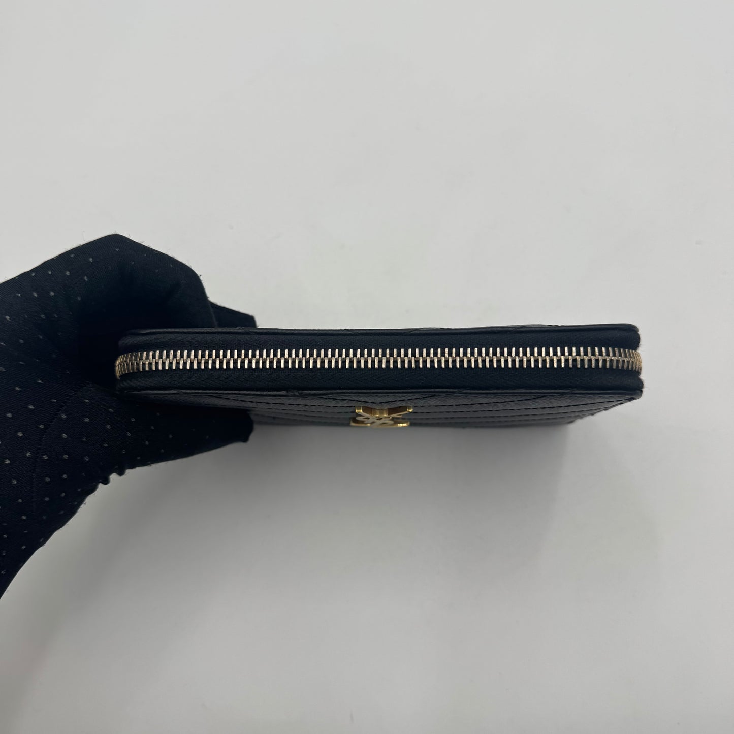 YSL Black Grained Leather Cassandre Matelasse Zip Around Medium Wallet GHW