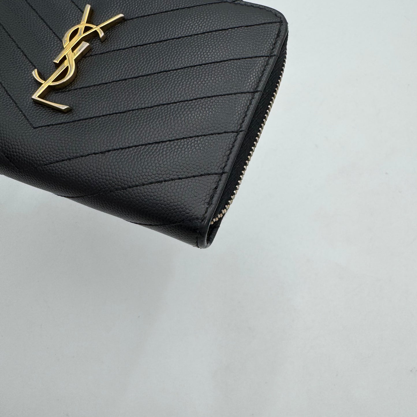 YSL Black Grained Leather Cassandre Matelasse Zip Around Medium Wallet GHW