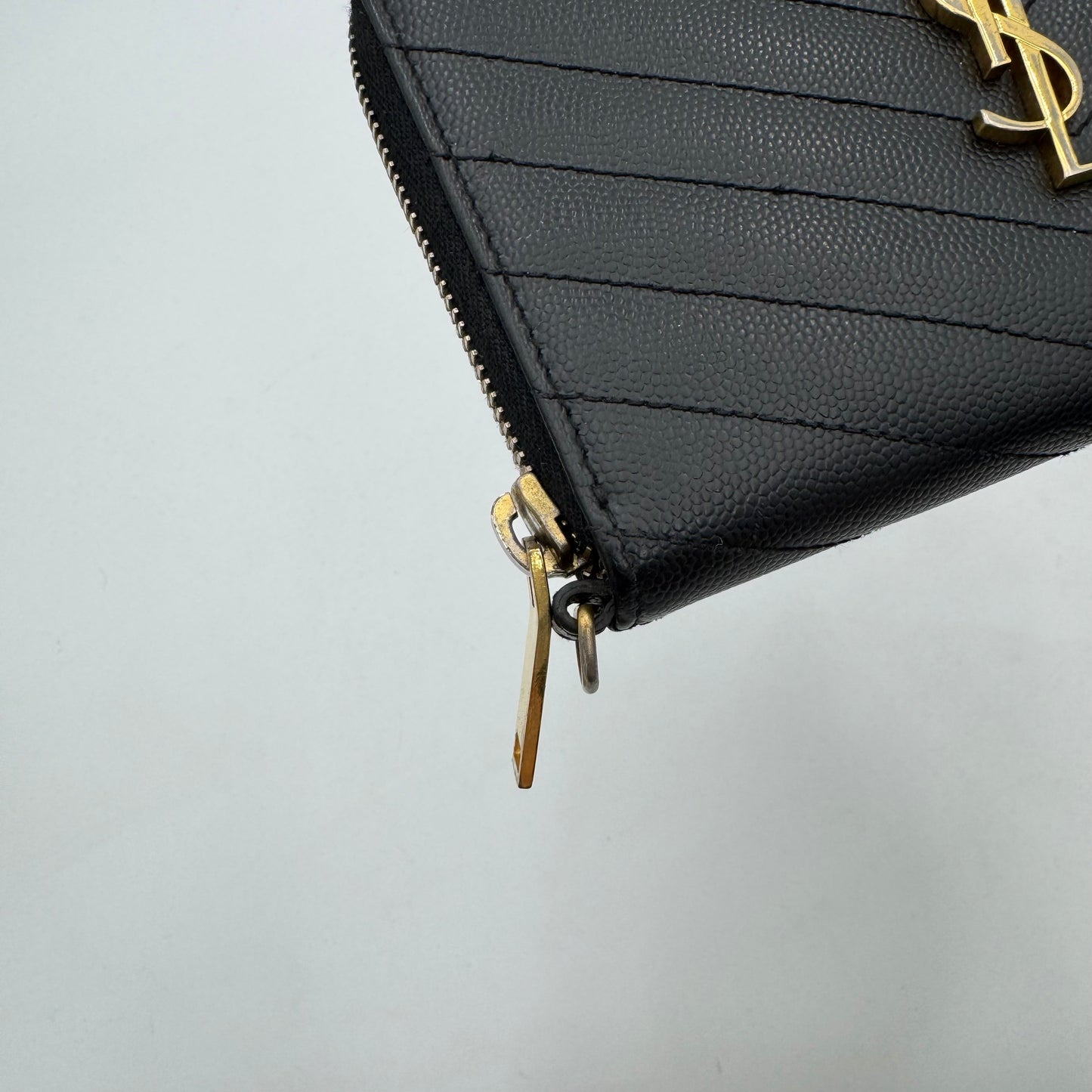 YSL Black Grained Leather Cassandre Matelasse Zip Around Medium Wallet GHW