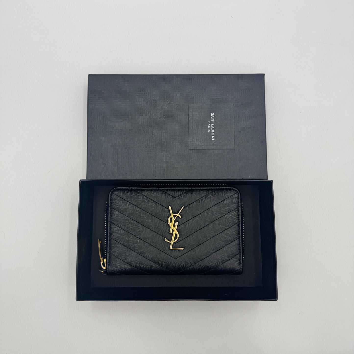 YSL Black Grained Leather Cassandre Matelasse Zip Around Medium Wallet GHW