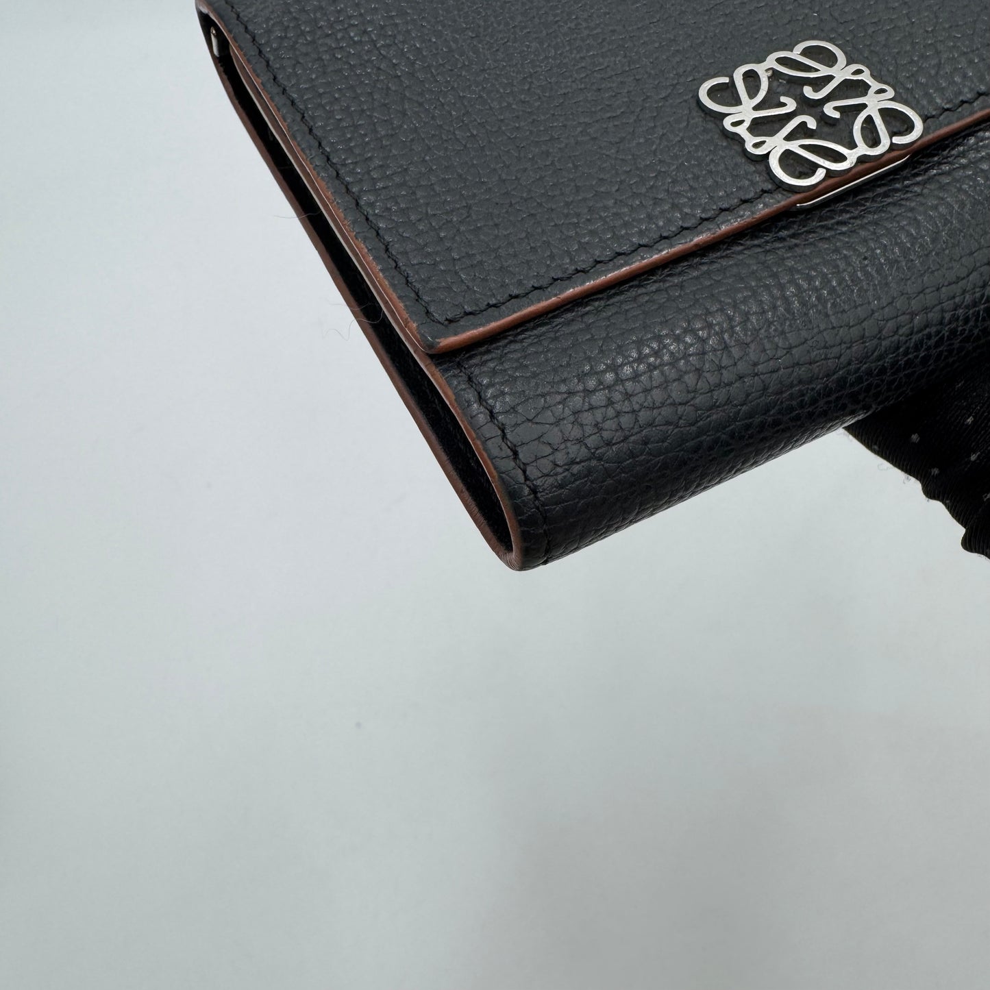 Loewe Black Leather Trifold Anagram Compact Wallet SHW
