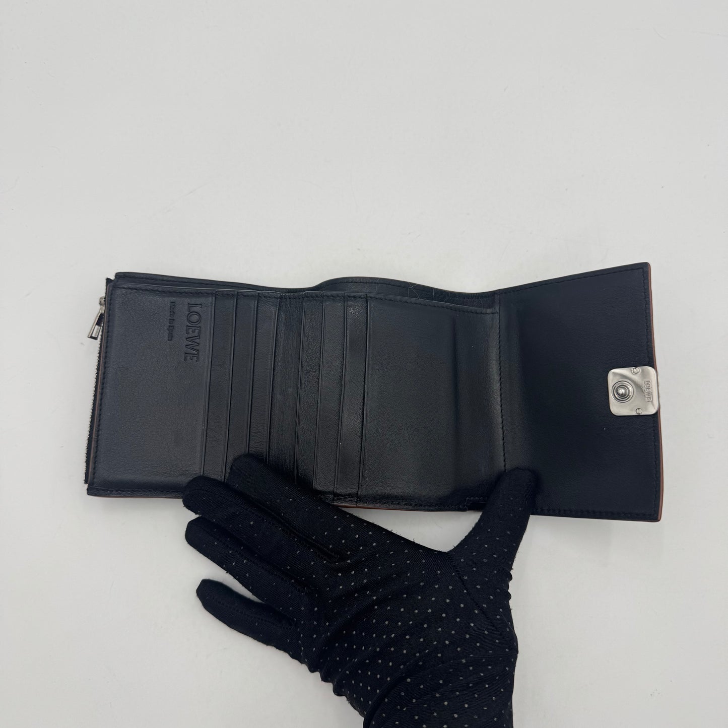 Loewe Black Leather Trifold Anagram Compact Wallet SHW