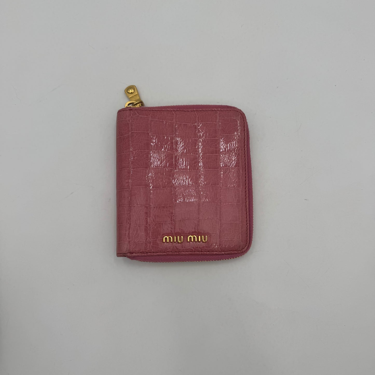 Miu Miu Pink Croc Embossed Zip Around Bifold Compact Wallet