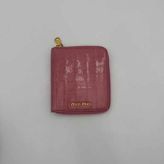Miu Miu Pink Croc Embossed Zip Around Bifold Compact Wallet