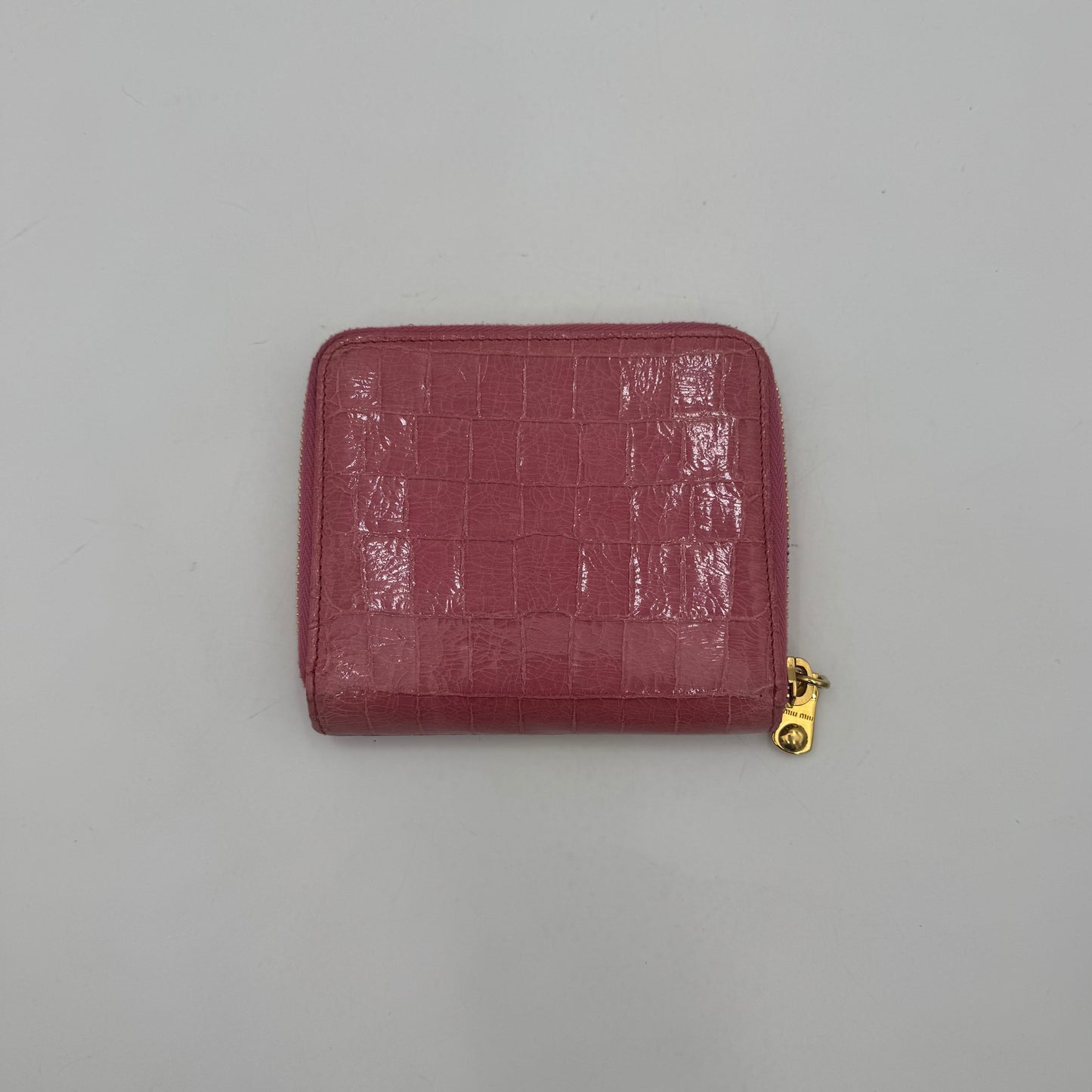 Miu Miu Pink Croc Embossed Zip Around Bifold Compact Wallet