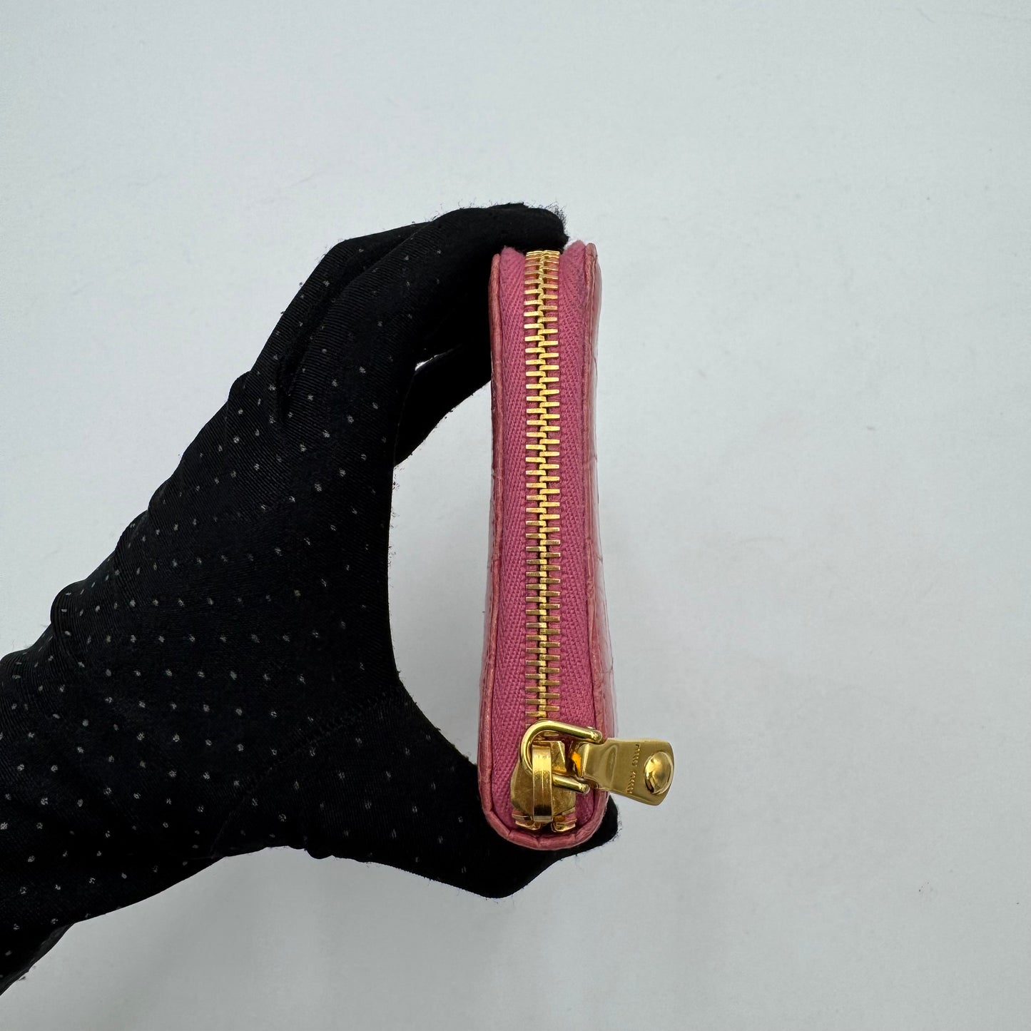 Miu Miu Pink Croc Embossed Zip Around Bifold Compact Wallet