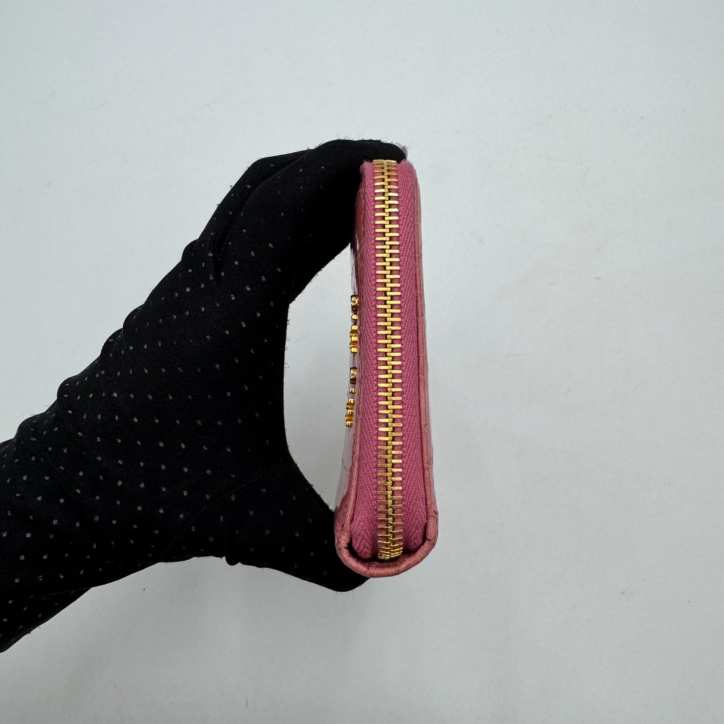 Miu Miu Pink Croc Embossed Zip Around Bifold Compact Wallet