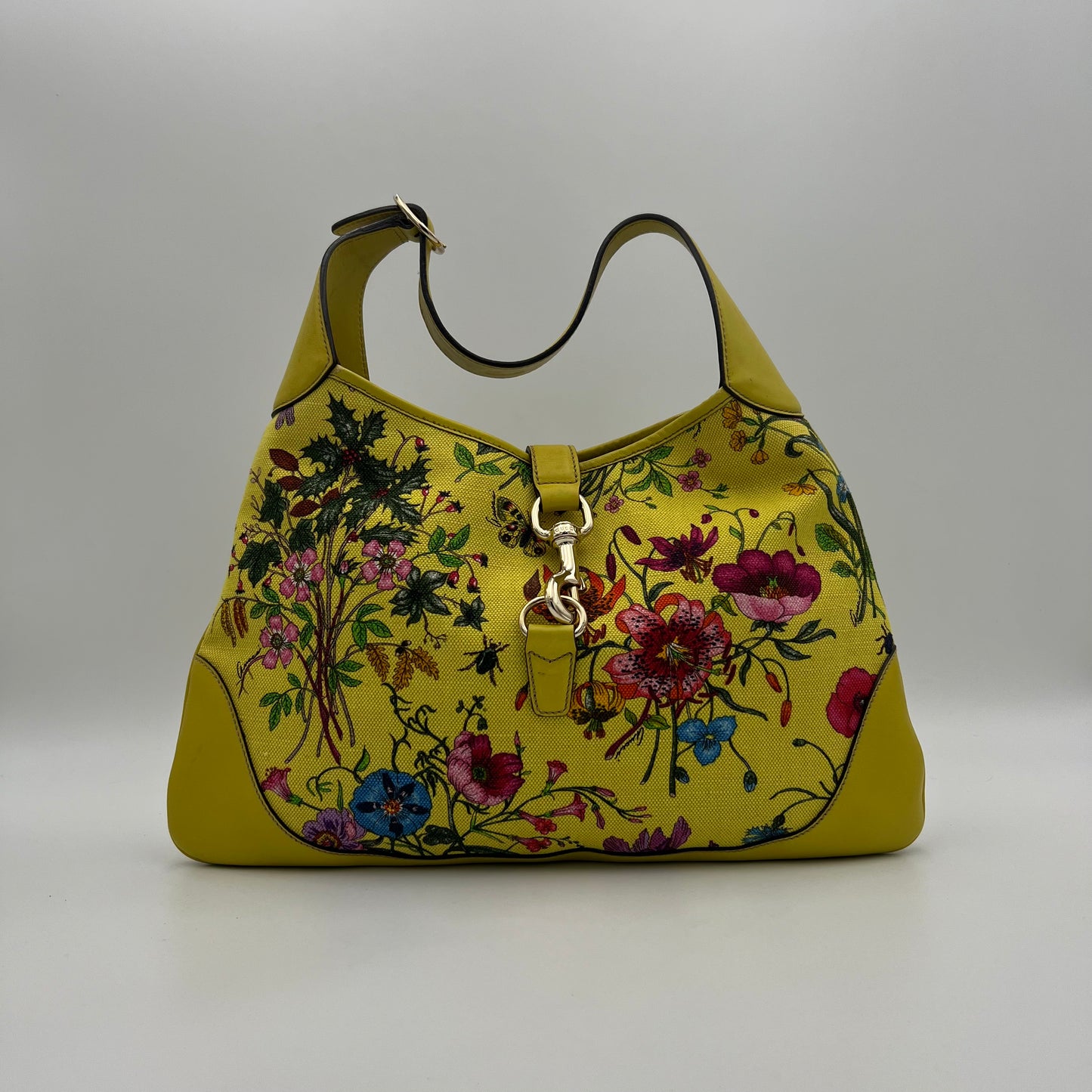 Gucci Yellow Floral Canvas and Leather Jackie Hobo Shoulder Bag