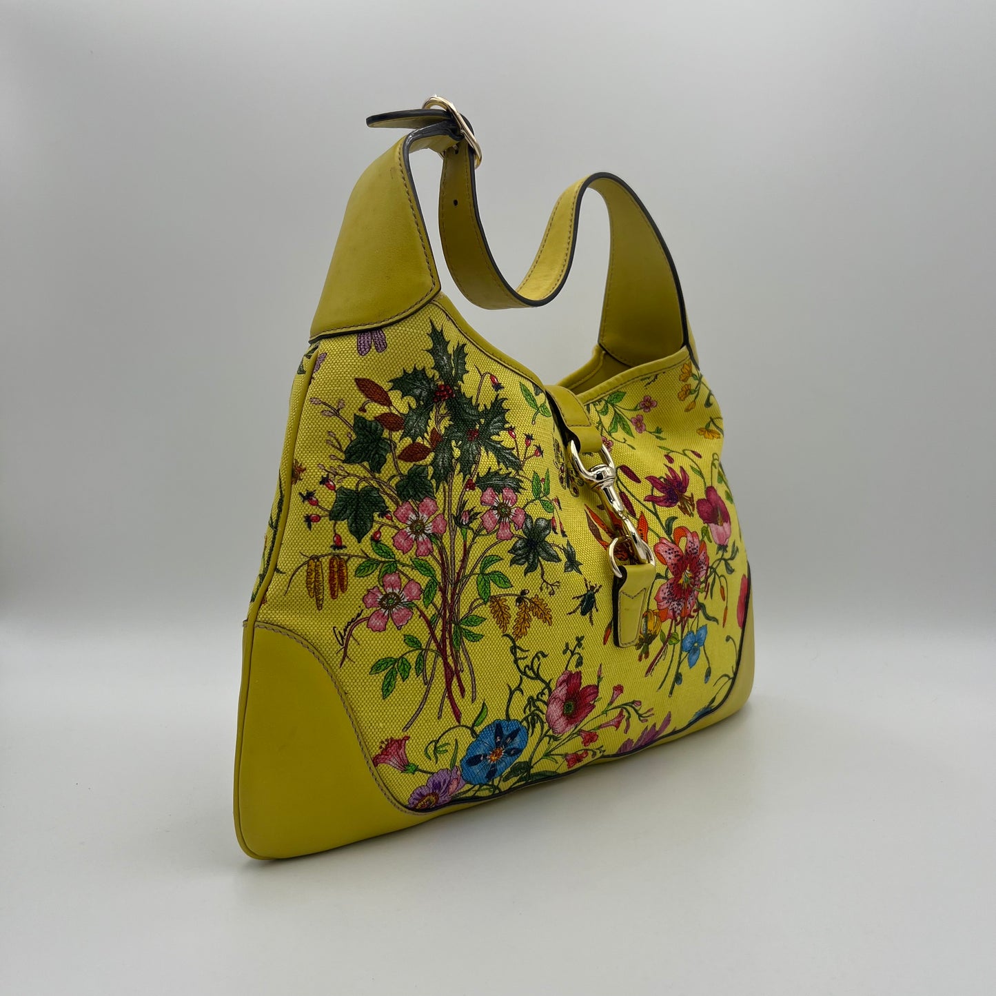 Gucci Yellow Floral Canvas and Leather Jackie Hobo Shoulder Bag