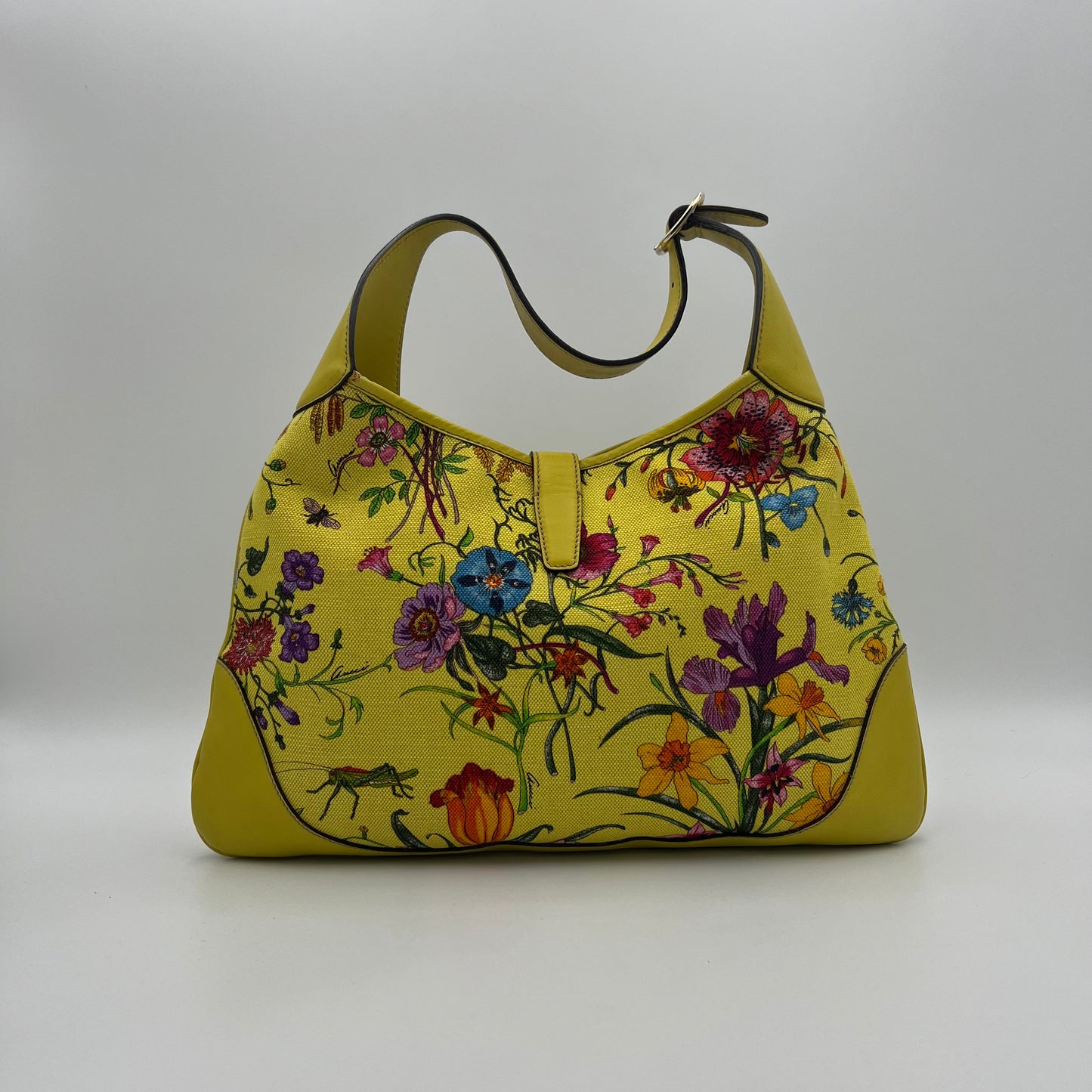 Gucci Yellow Floral Canvas and Leather Jackie Hobo Shoulder Bag