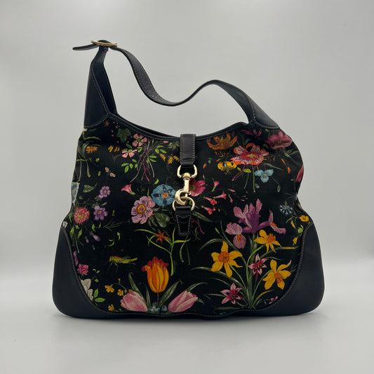 Gucci Black Flora Jackie O Bouvioer Hobo Bag