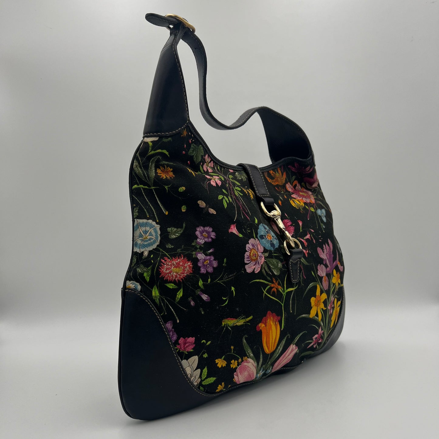 Gucci Black Flora Jackie O Bouvioer Hobo Bag