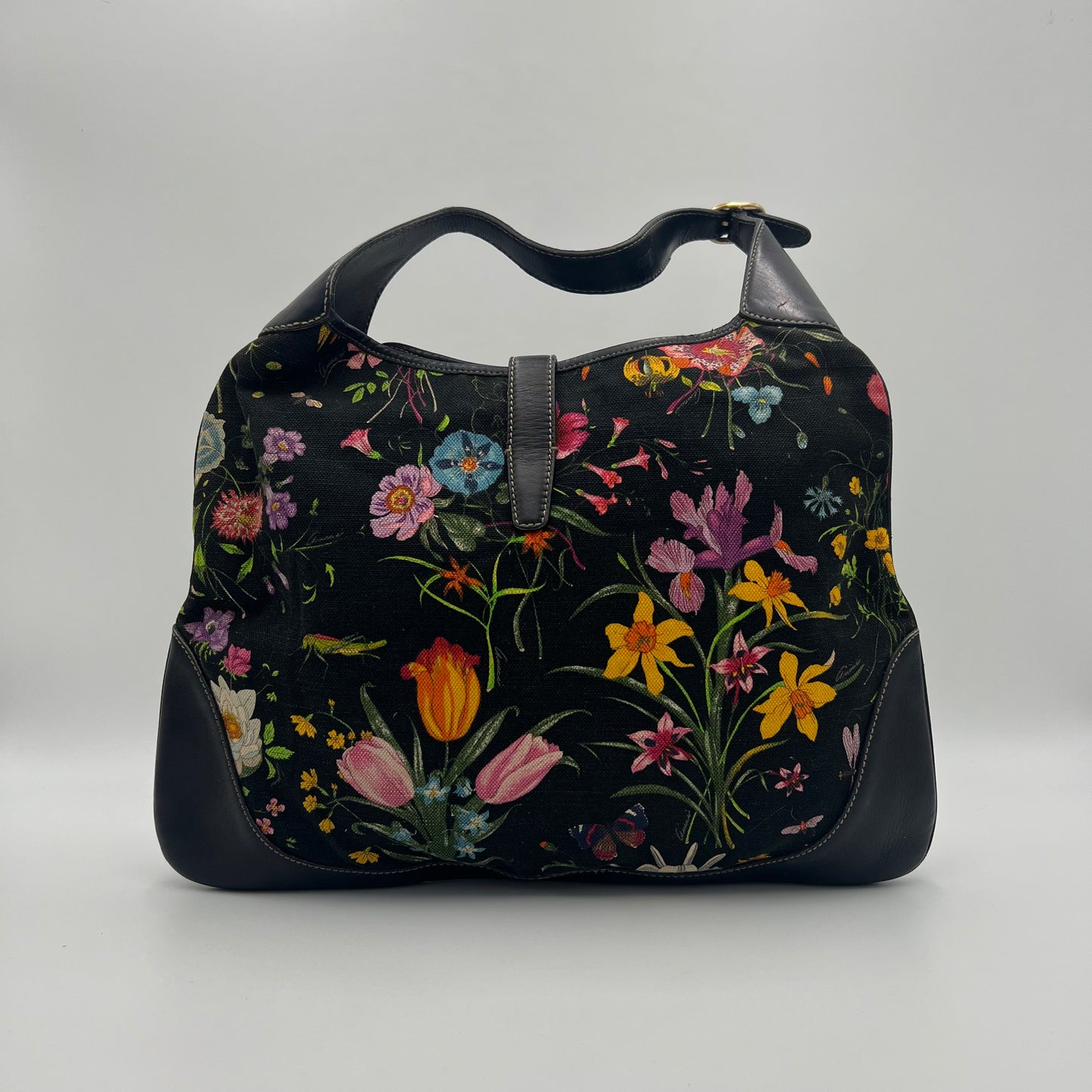 Gucci Black Flora Jackie O Bouvioer Hobo Bag