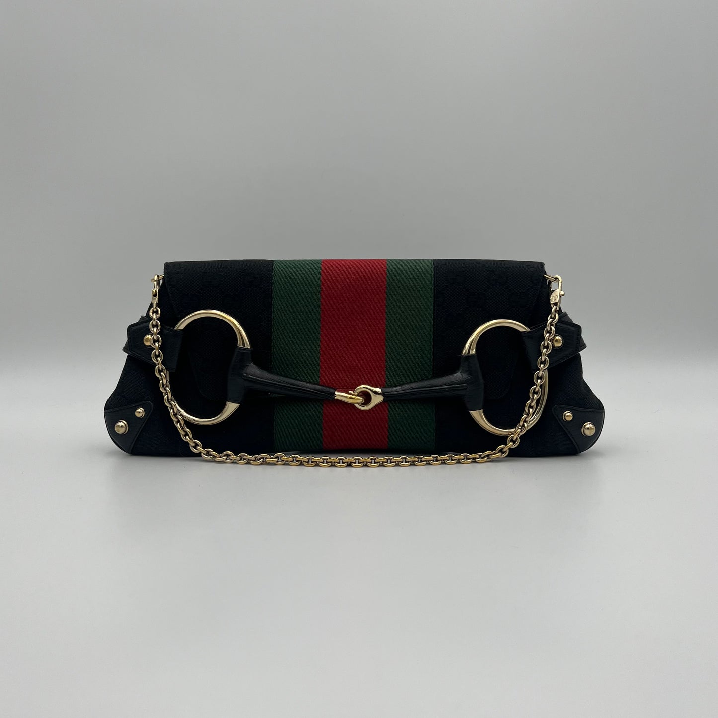 Gucci Tom Ford Black Monogram Canvas Sherryline Large Horsebit Chain Bag