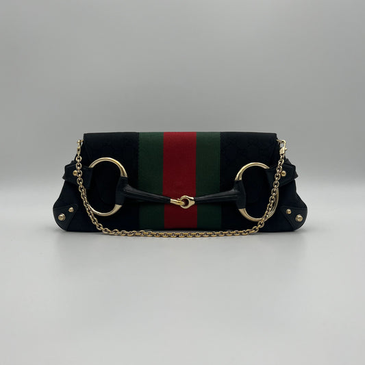 Gucci Tom Ford Black Monogram Canvas Sherryline Large Horsebit Chain Bag