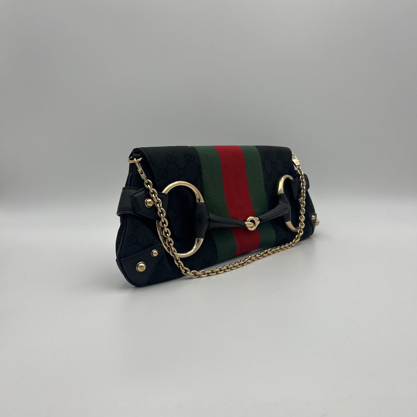 Gucci Tom Ford Black Monogram Canvas Sherryline Large Horsebit Chain Bag