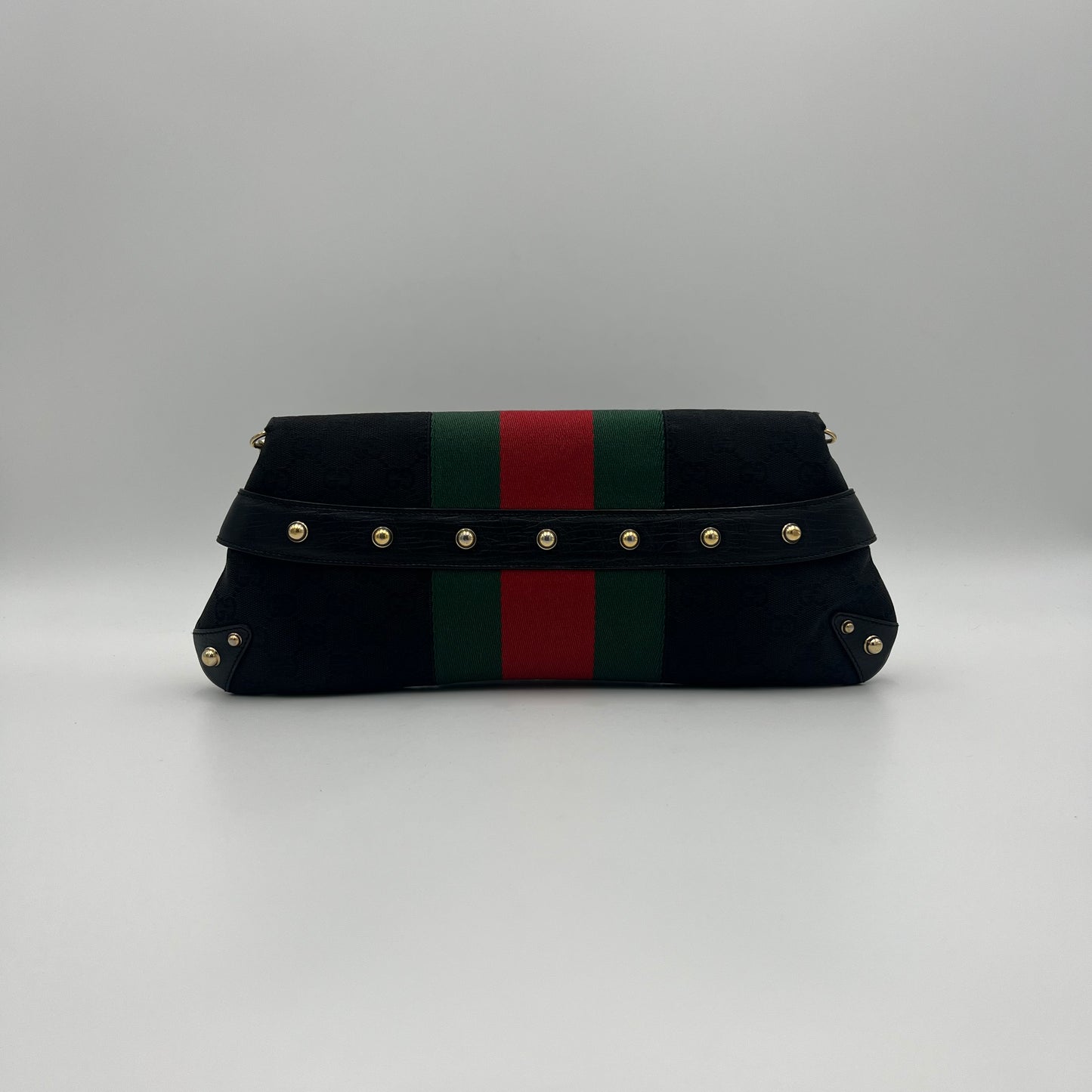Gucci Tom Ford Black Monogram Canvas Sherryline Large Horsebit Chain Bag