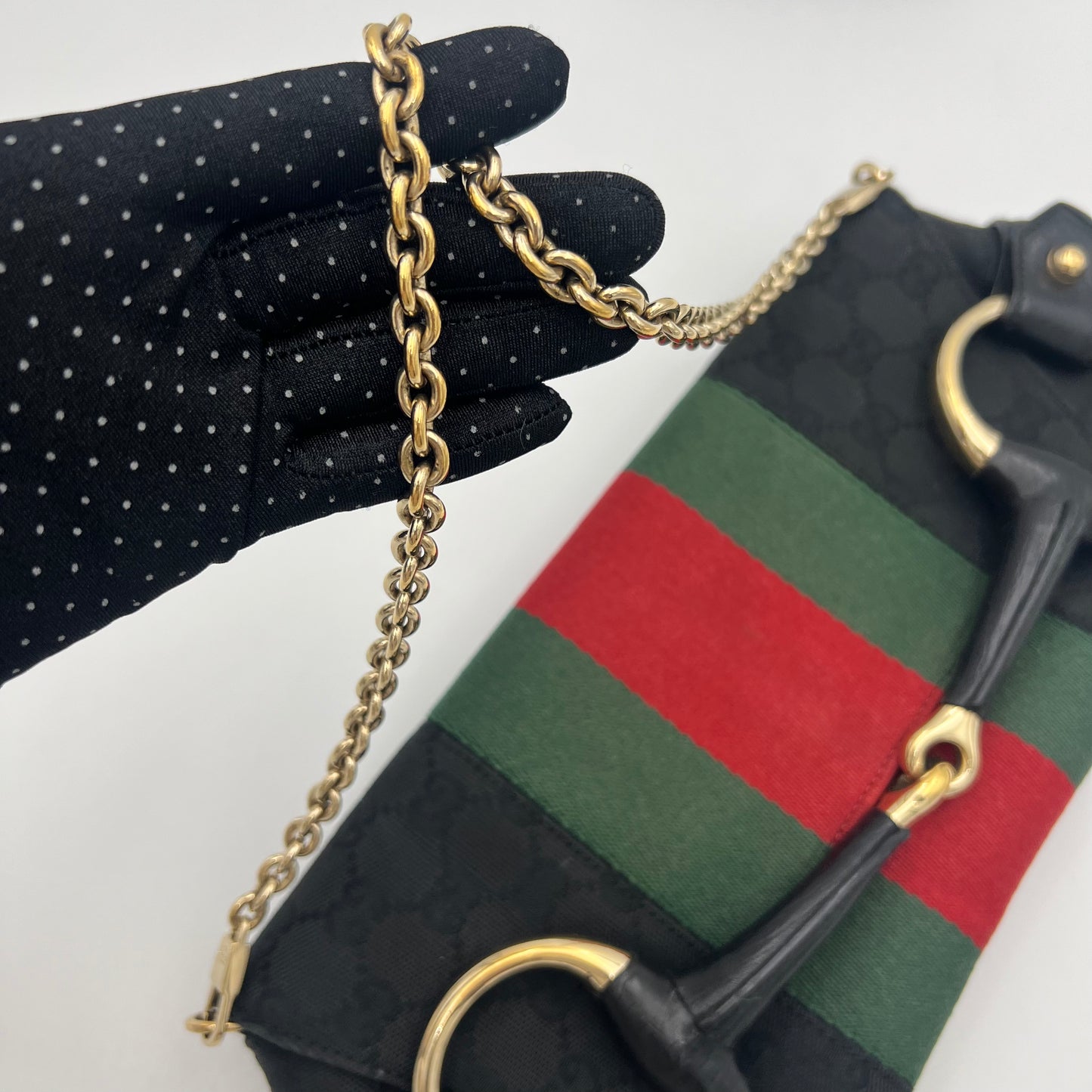 Gucci Tom Ford Black Monogram Canvas Sherryline Large Horsebit Chain Bag