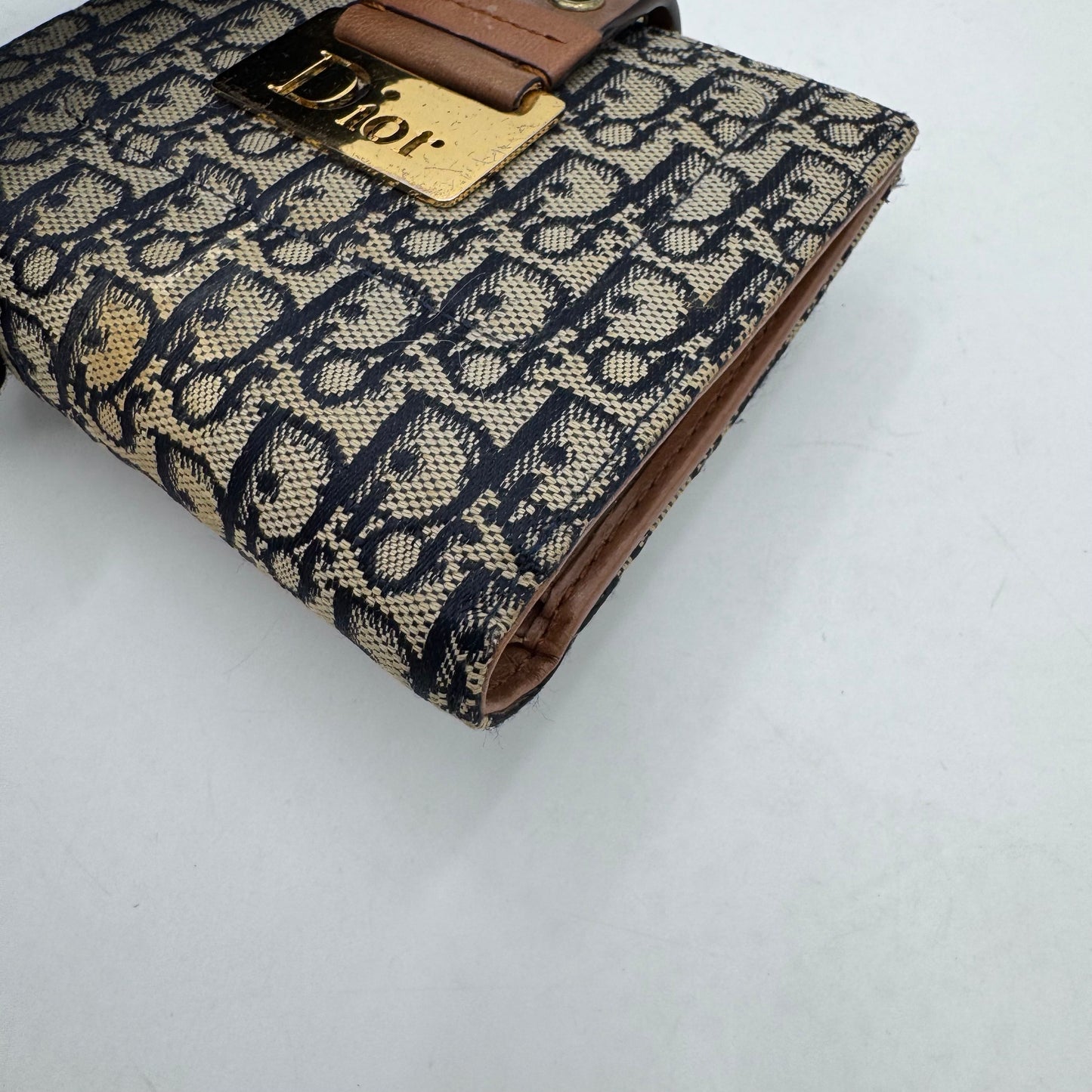 Christian Dior Navy Blue Trotter Canvas and Brown Leather Street Chic Bifold Short Wallet