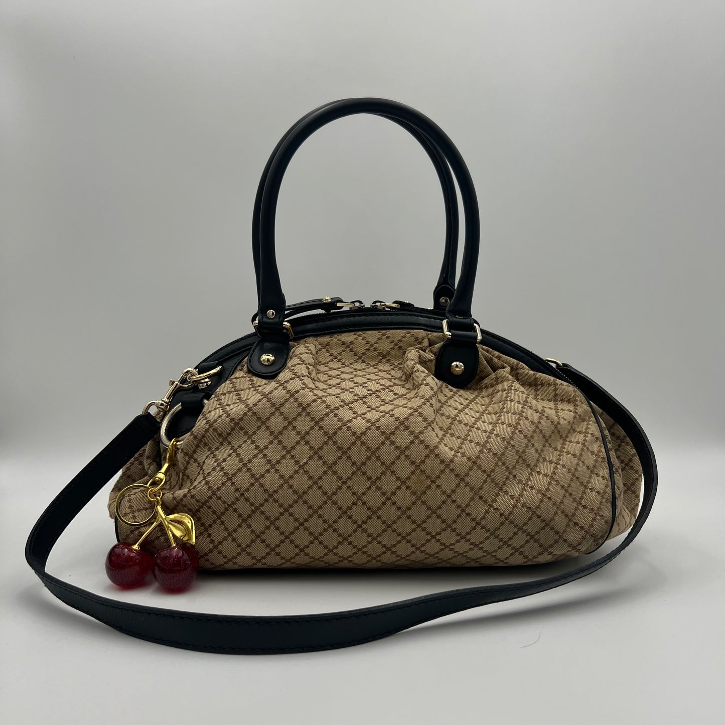 Gucci Beige Brown Diamante Canvas Sukey Satchel with Long Strap