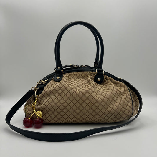 Gucci Beige Brown Diamante Canvas Sukey Satchel with Long Strap