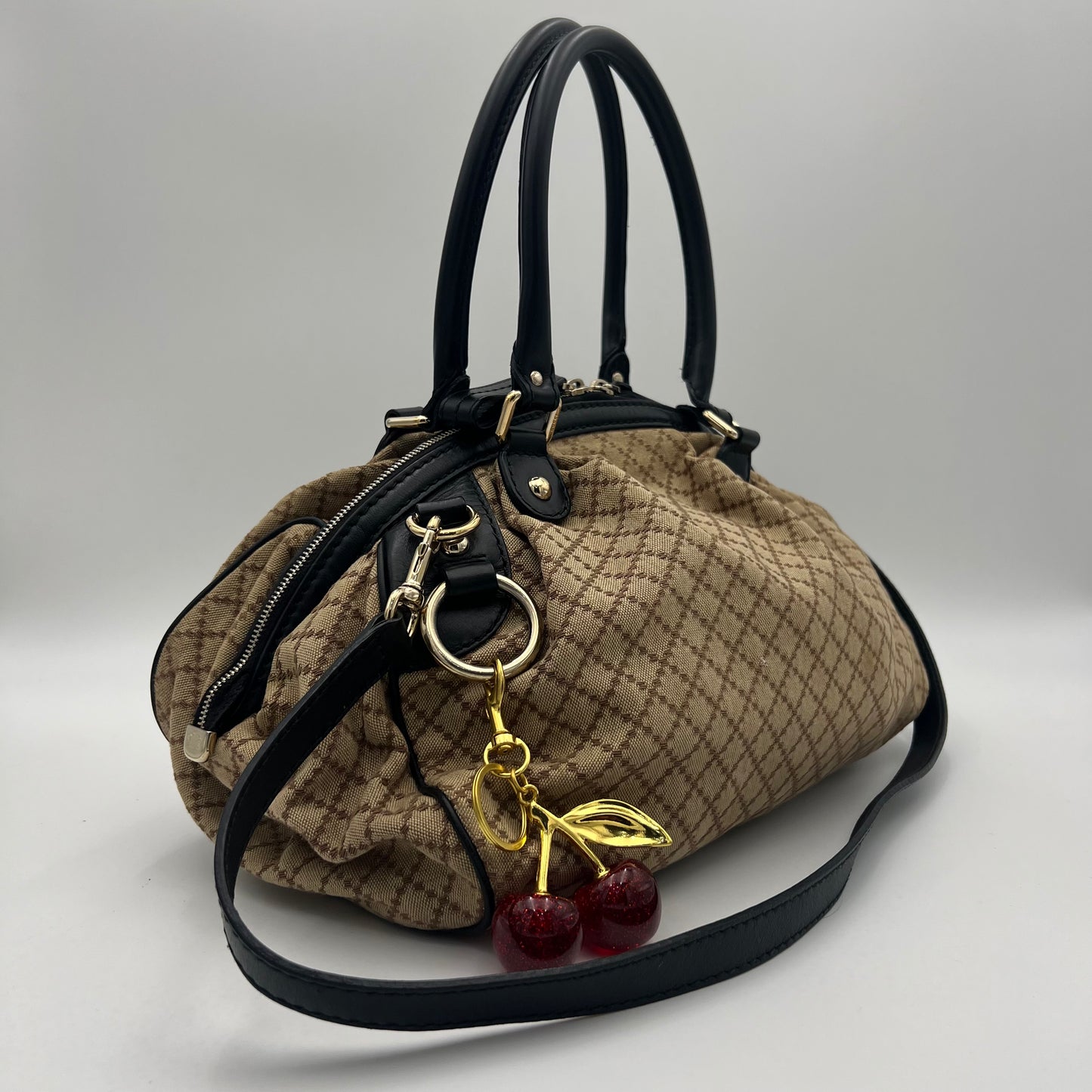 Gucci Beige Brown Diamante Canvas Sukey Satchel with Long Strap