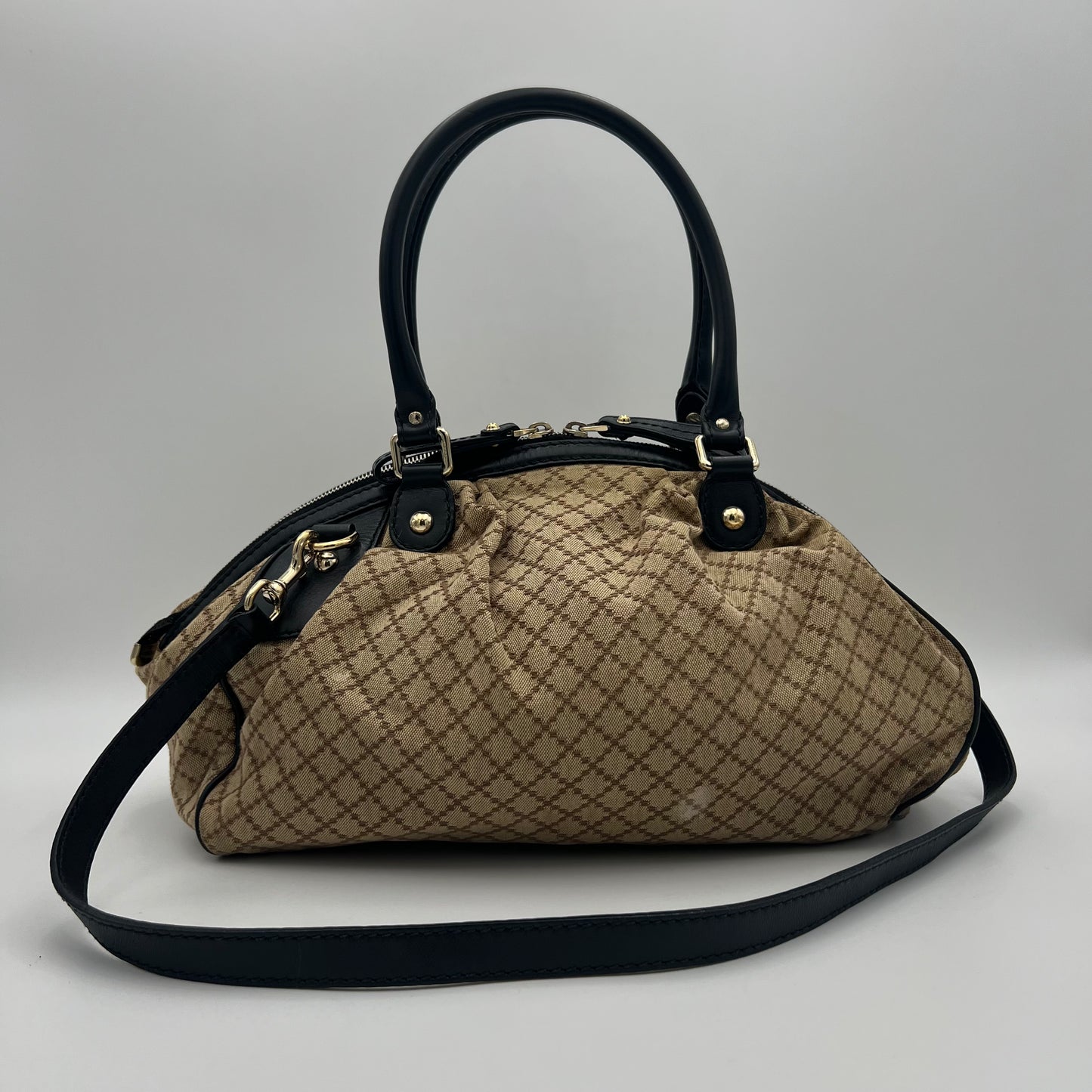 Gucci Beige Brown Diamante Canvas Sukey Satchel with Long Strap