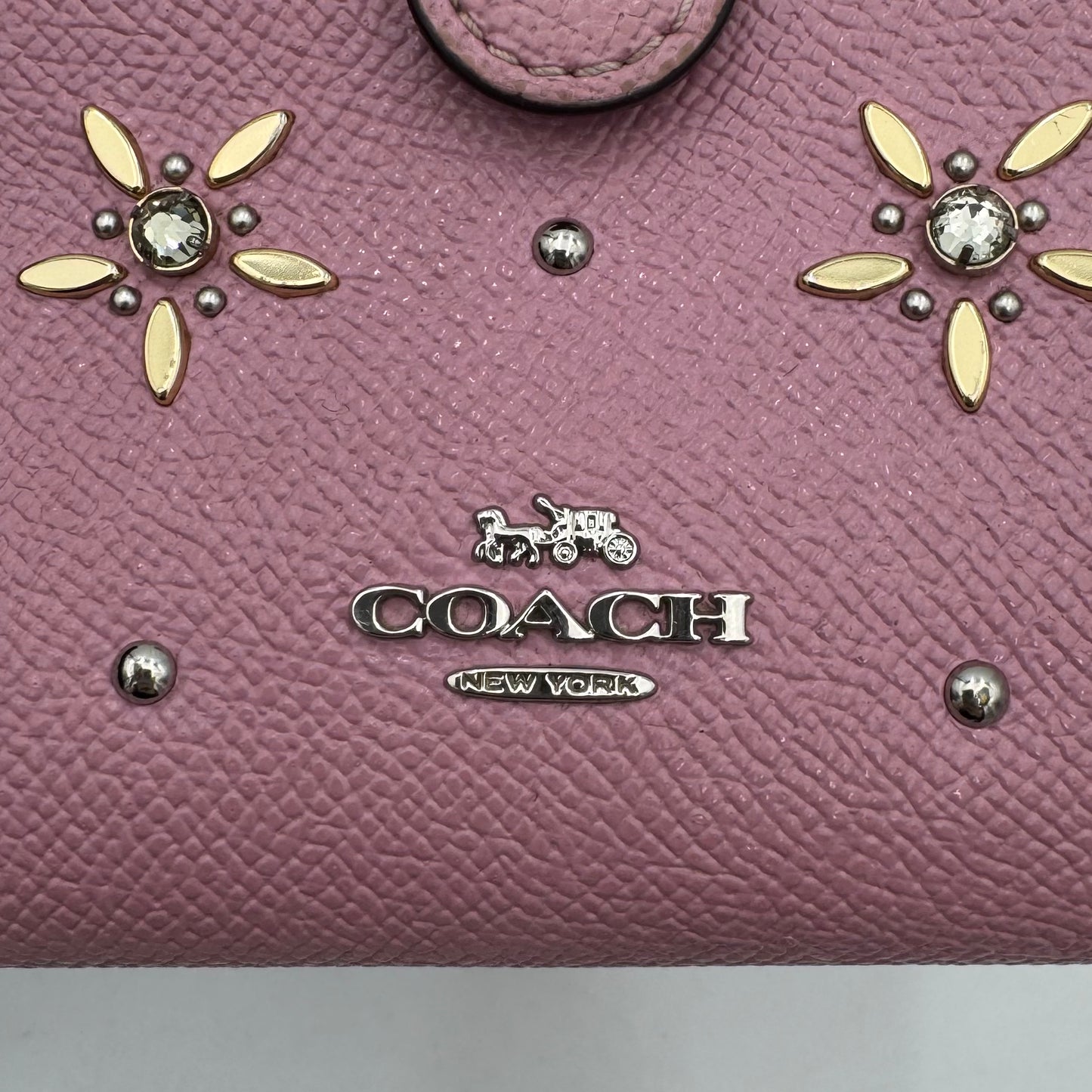 Coach Pink Leather Floral Embellished Bifold Compact Wallet