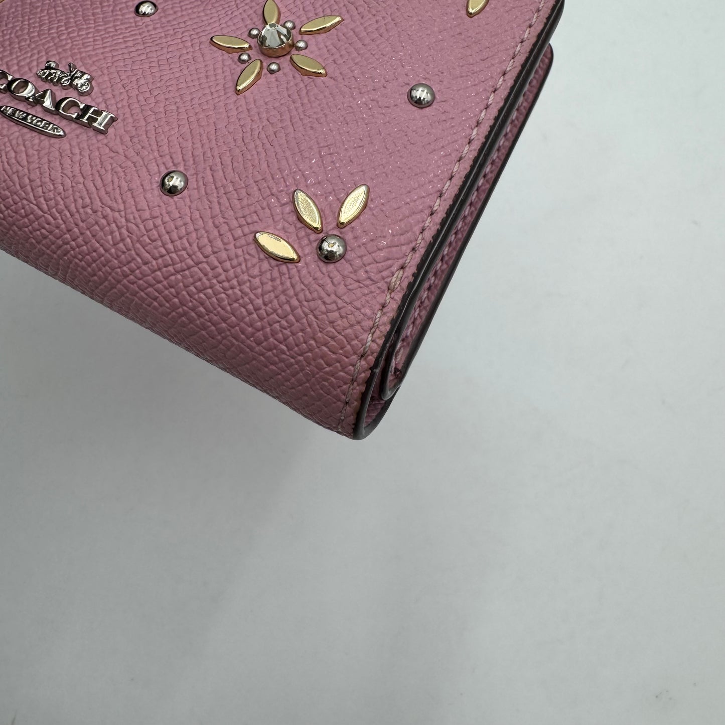 Coach Pink Leather Floral Embellished Bifold Compact Wallet