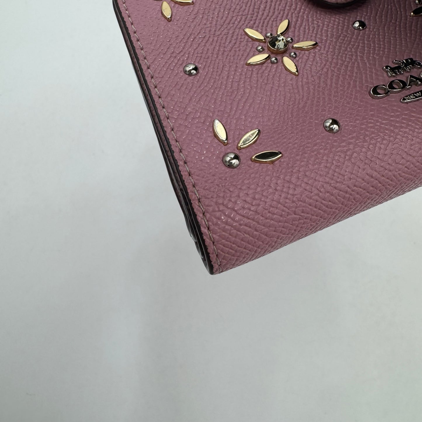 Coach Pink Leather Floral Embellished Bifold Compact Wallet