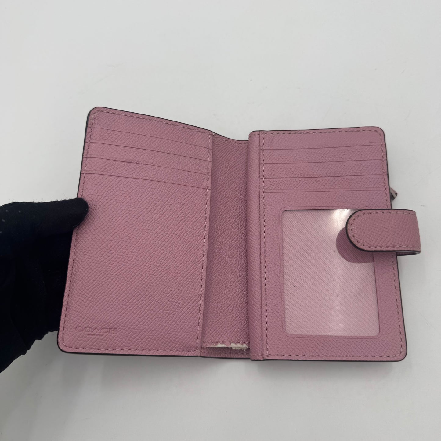 Coach Pink Leather Floral Embellished Bifold Compact Wallet