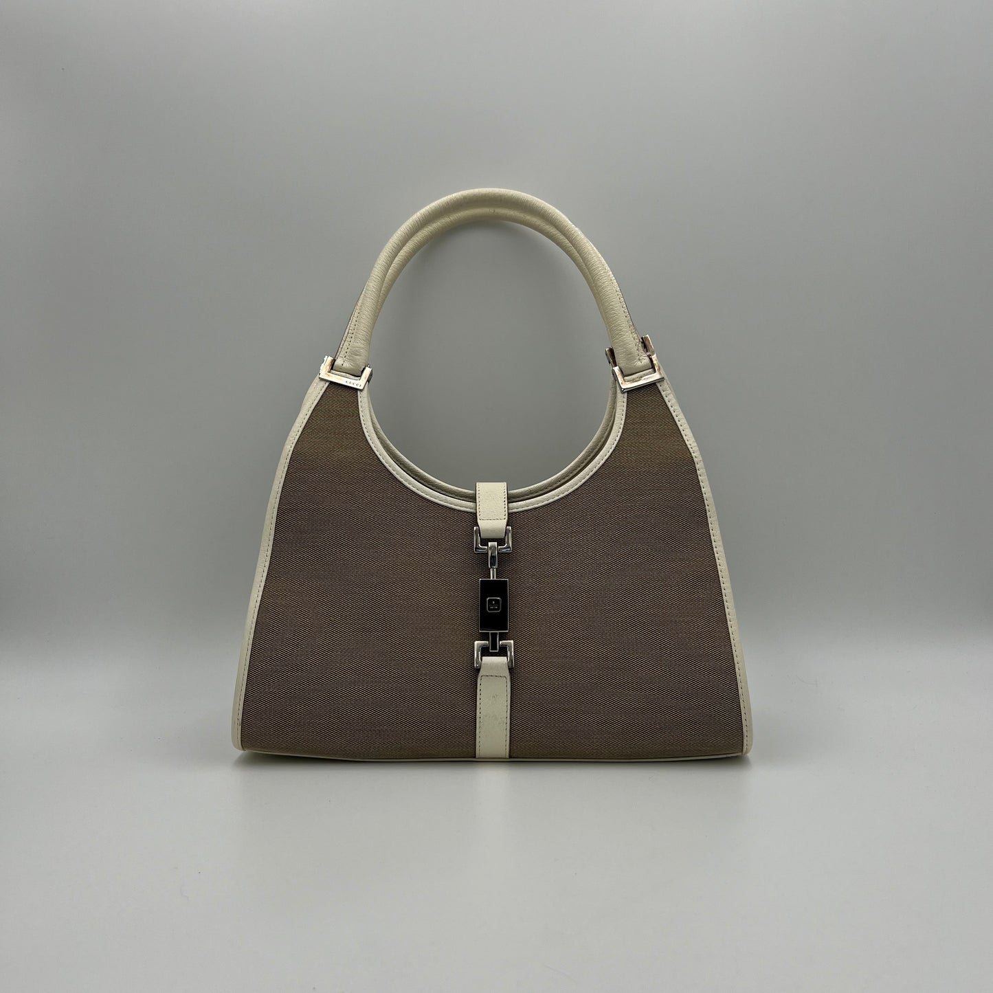 Gucci Beige Canvas White Leather Bardot Jackie GHW