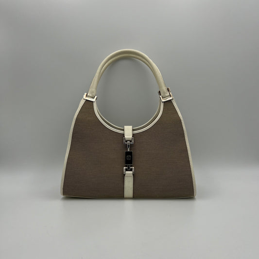 Gucci Beige Canvas White Leather Bardot Jackie GHW