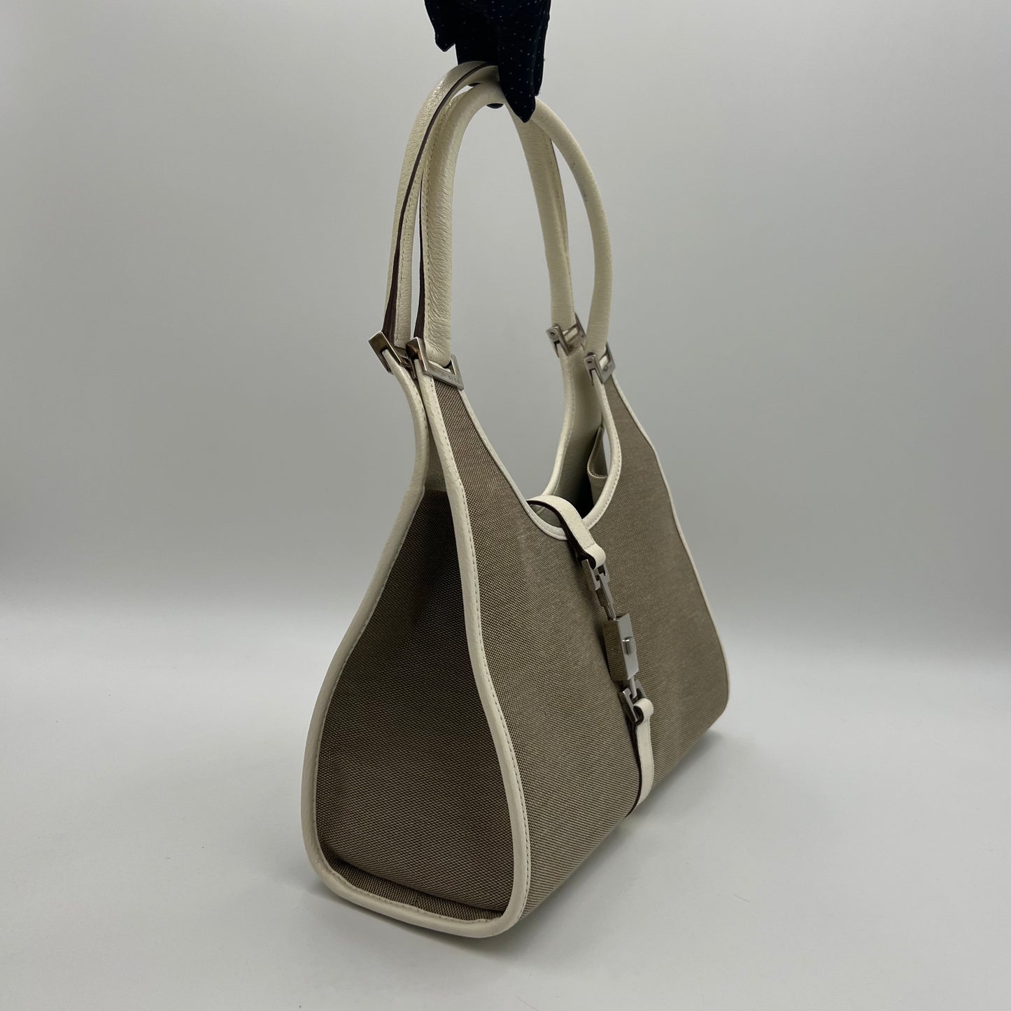 Gucci Beige Canvas White Leather Bardot Jackie GHW