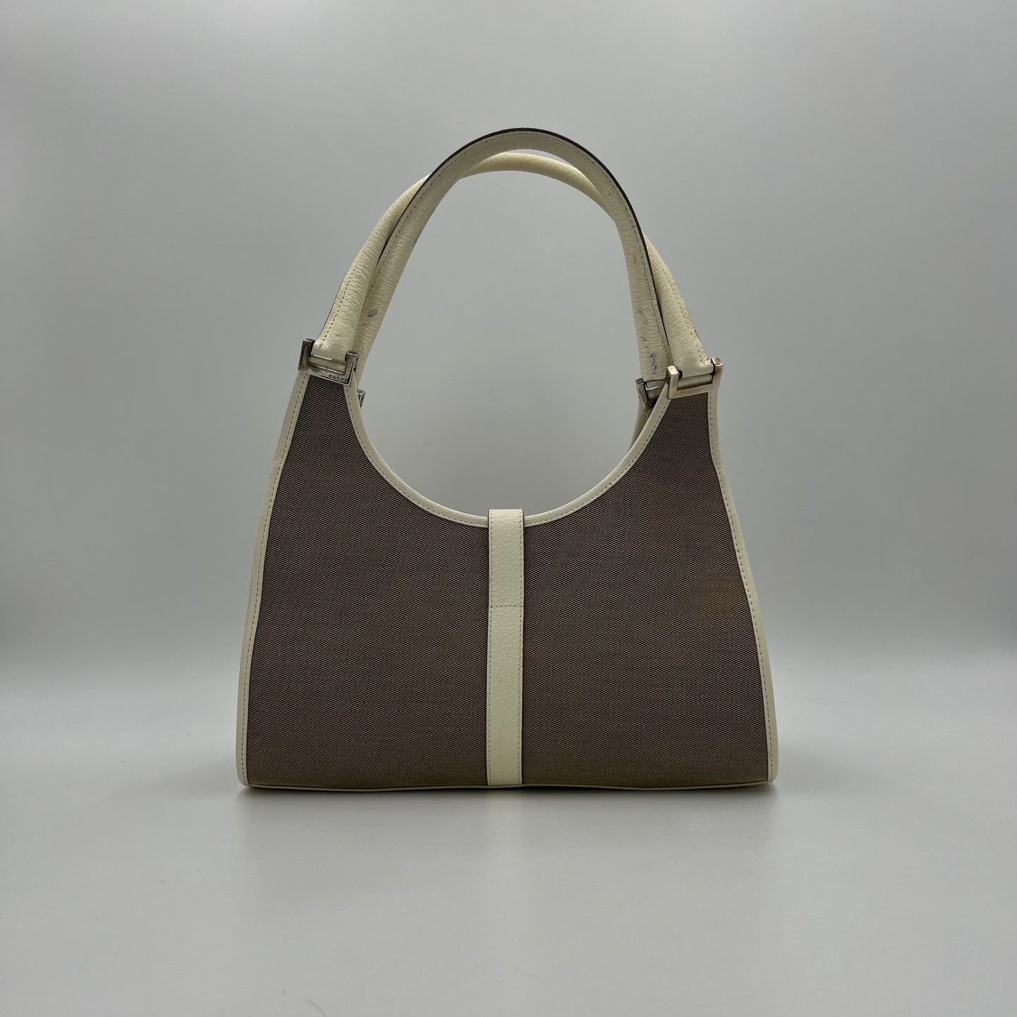 Gucci Beige Canvas White Leather Bardot Jackie GHW