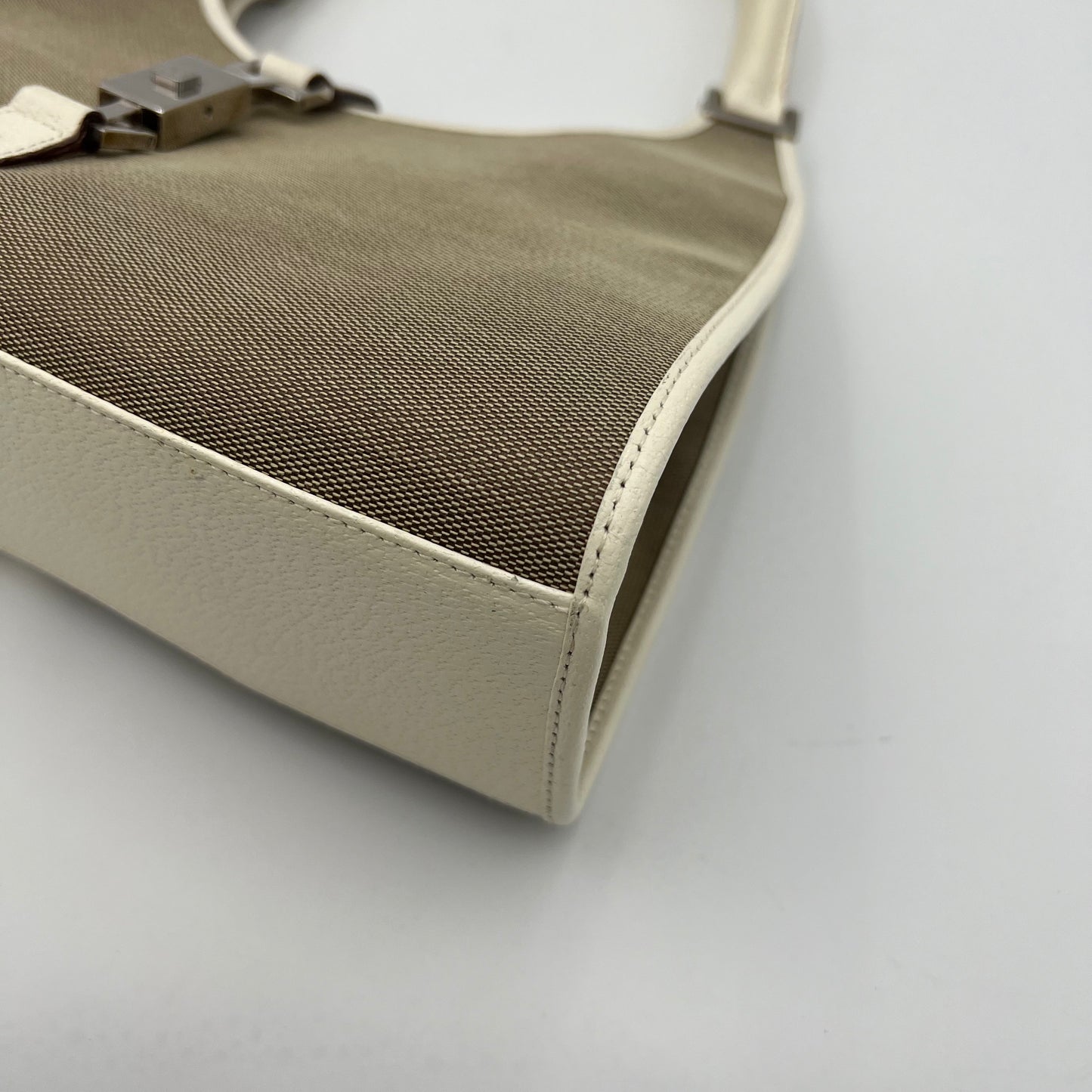 Gucci Beige Canvas White Leather Bardot Jackie GHW