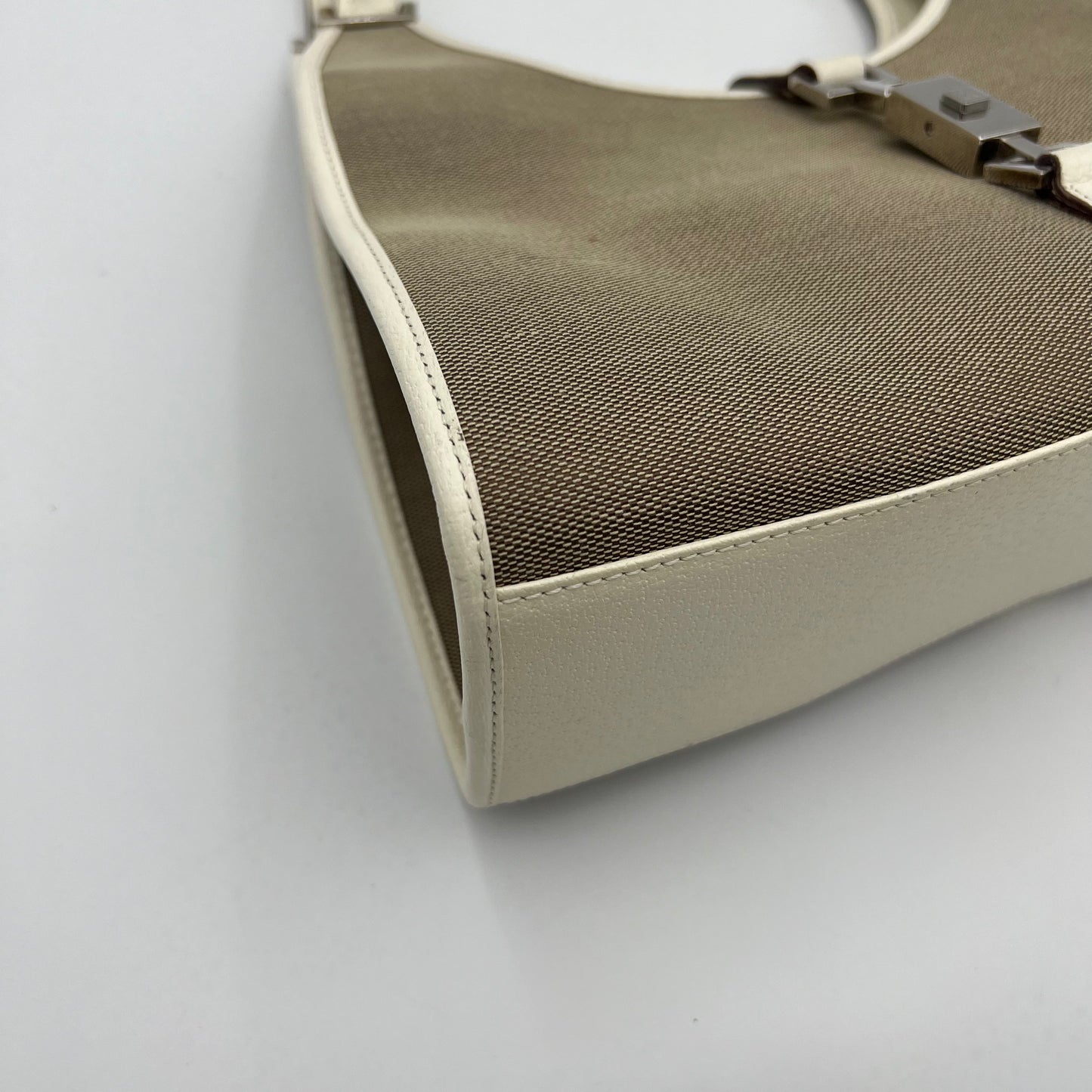 Gucci Beige Canvas White Leather Bardot Jackie GHW