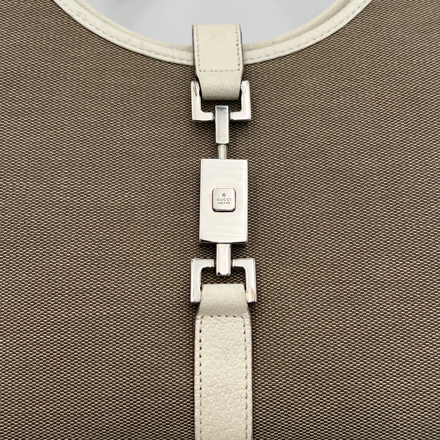 Gucci Beige Canvas White Leather Bardot Jackie GHW