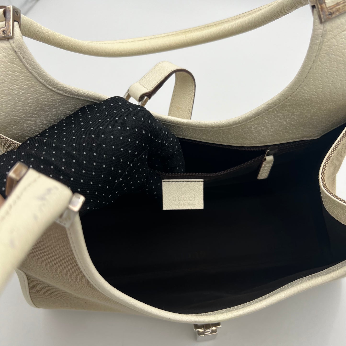 Gucci Beige Canvas White Leather Bardot Jackie GHW