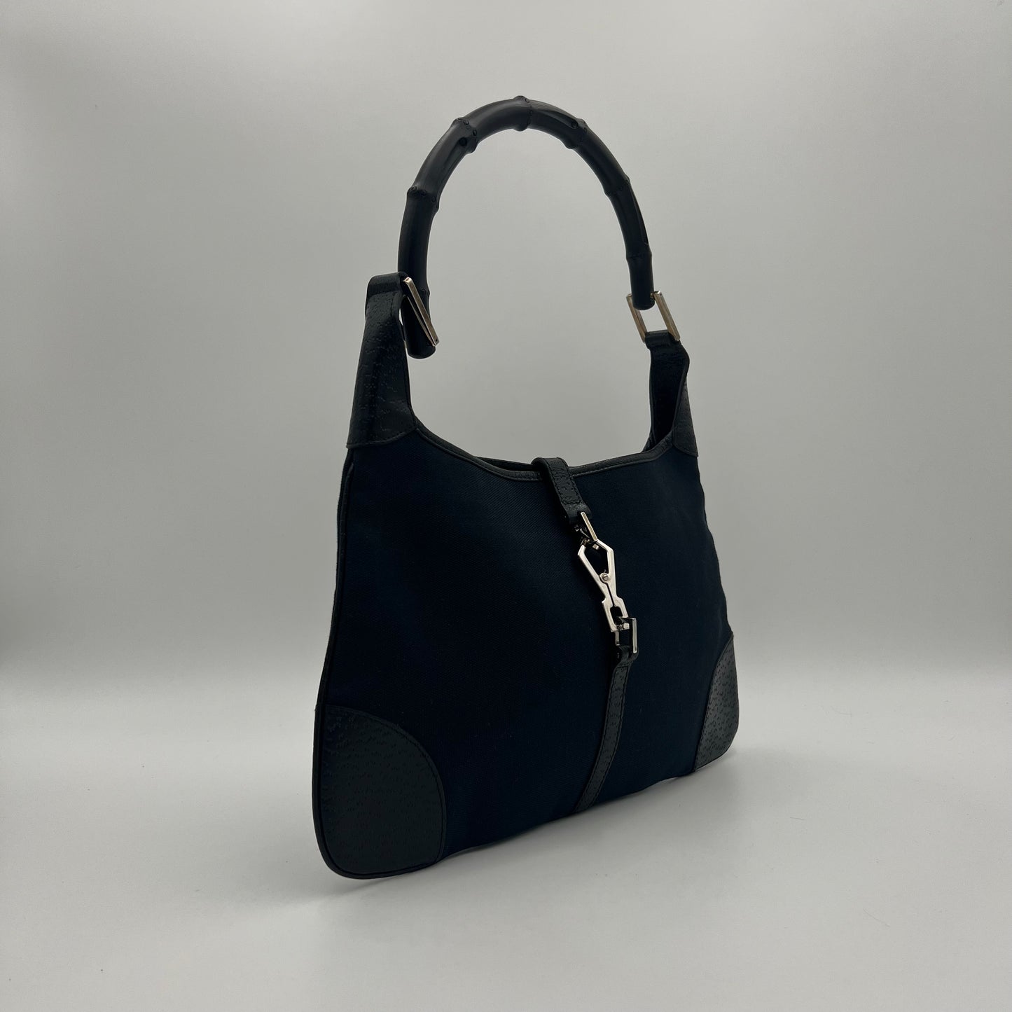 Gucci Black Canvas Bamboo Handle Jackie Shoulder Bag