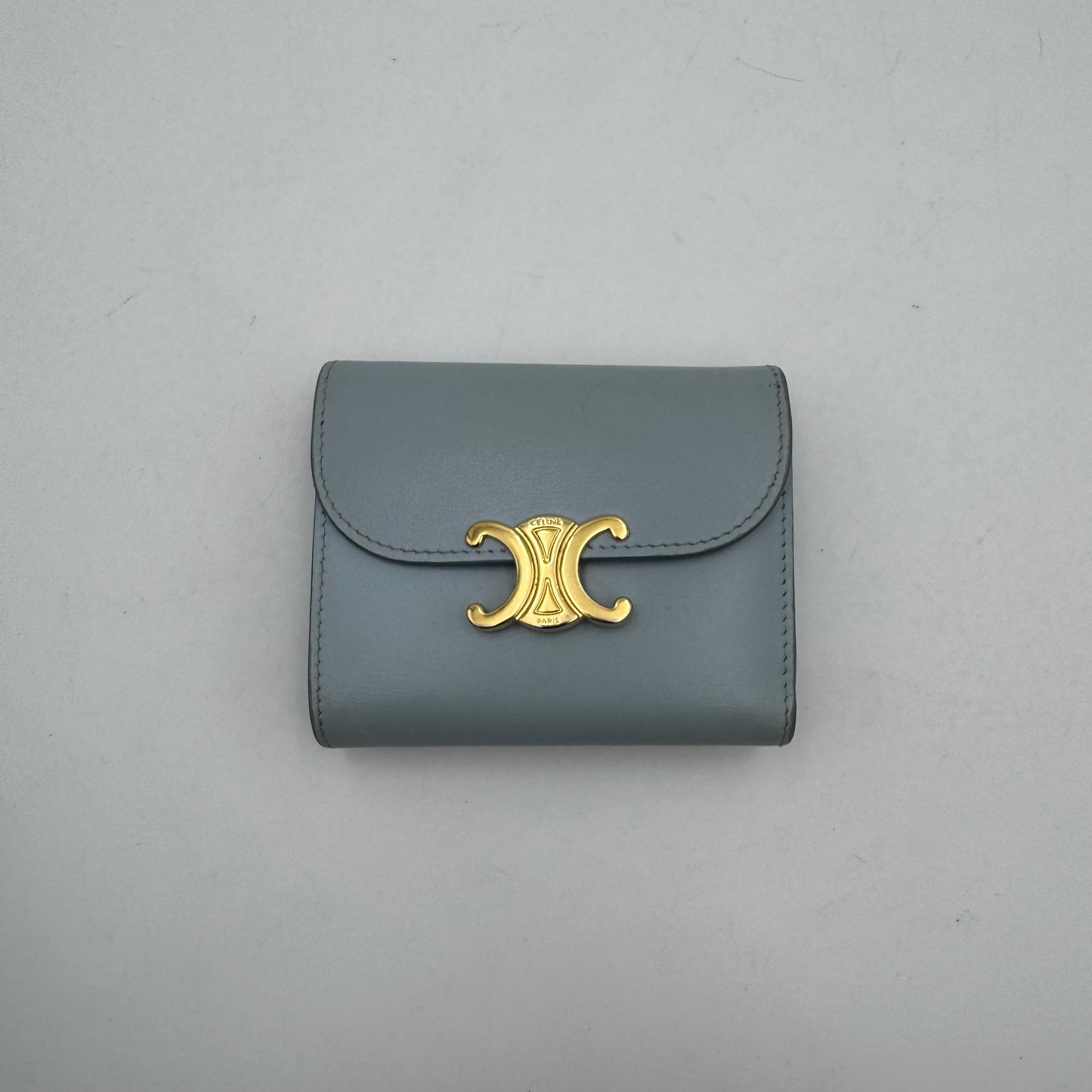 Celine Paris Light Blue Shiny Calfskin Triomphe Small Flap Wallet GHW