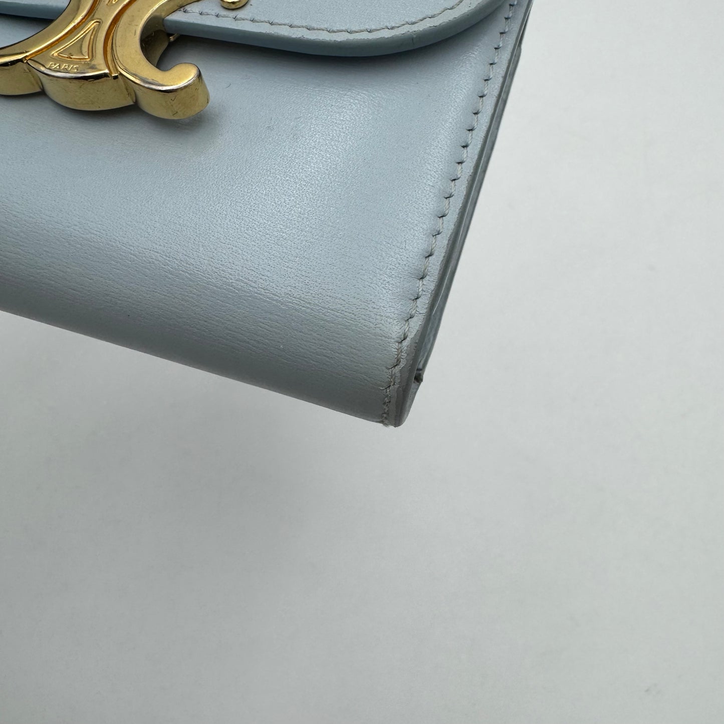 Celine Paris Light Blue Shiny Calfskin Triomphe Small Flap Wallet GHW