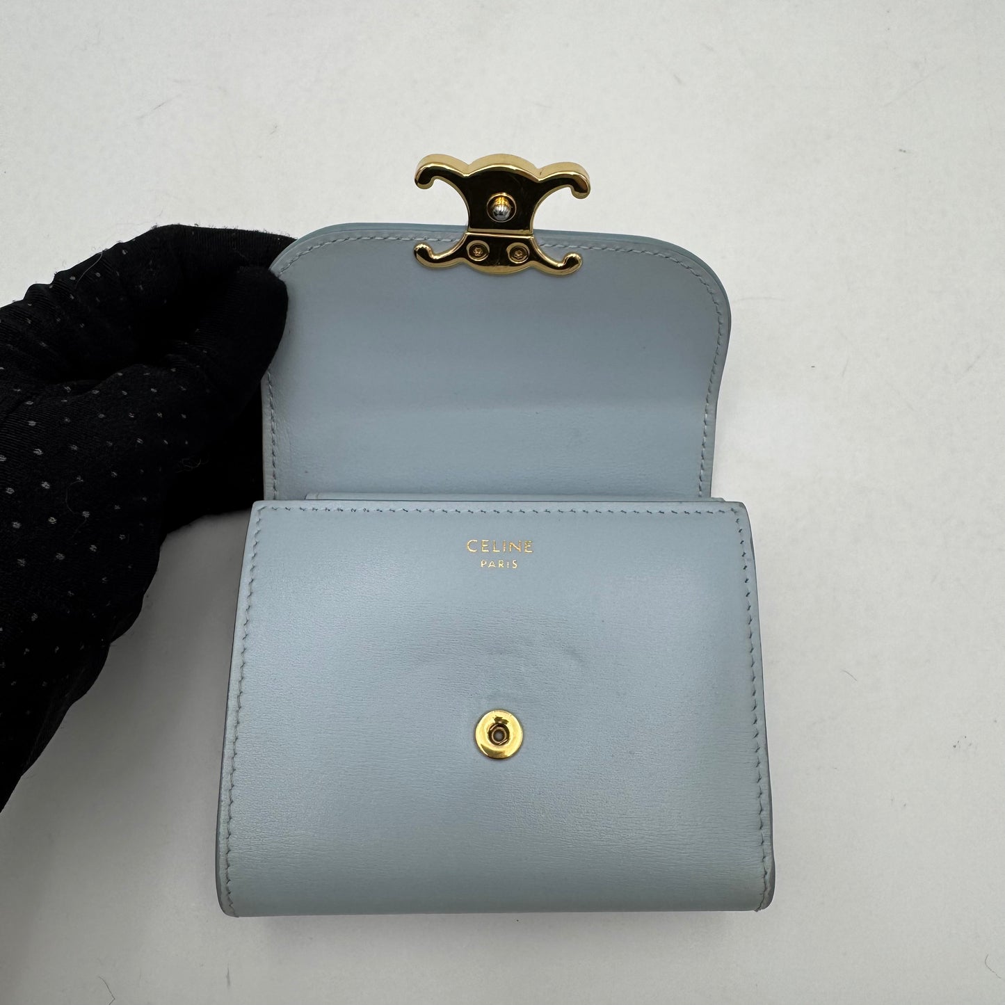 Celine Paris Light Blue Shiny Calfskin Triomphe Small Flap Wallet GHW