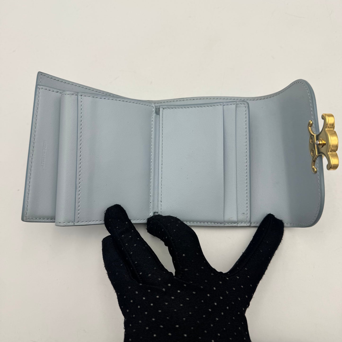 Celine Paris Light Blue Shiny Calfskin Triomphe Small Flap Wallet GHW