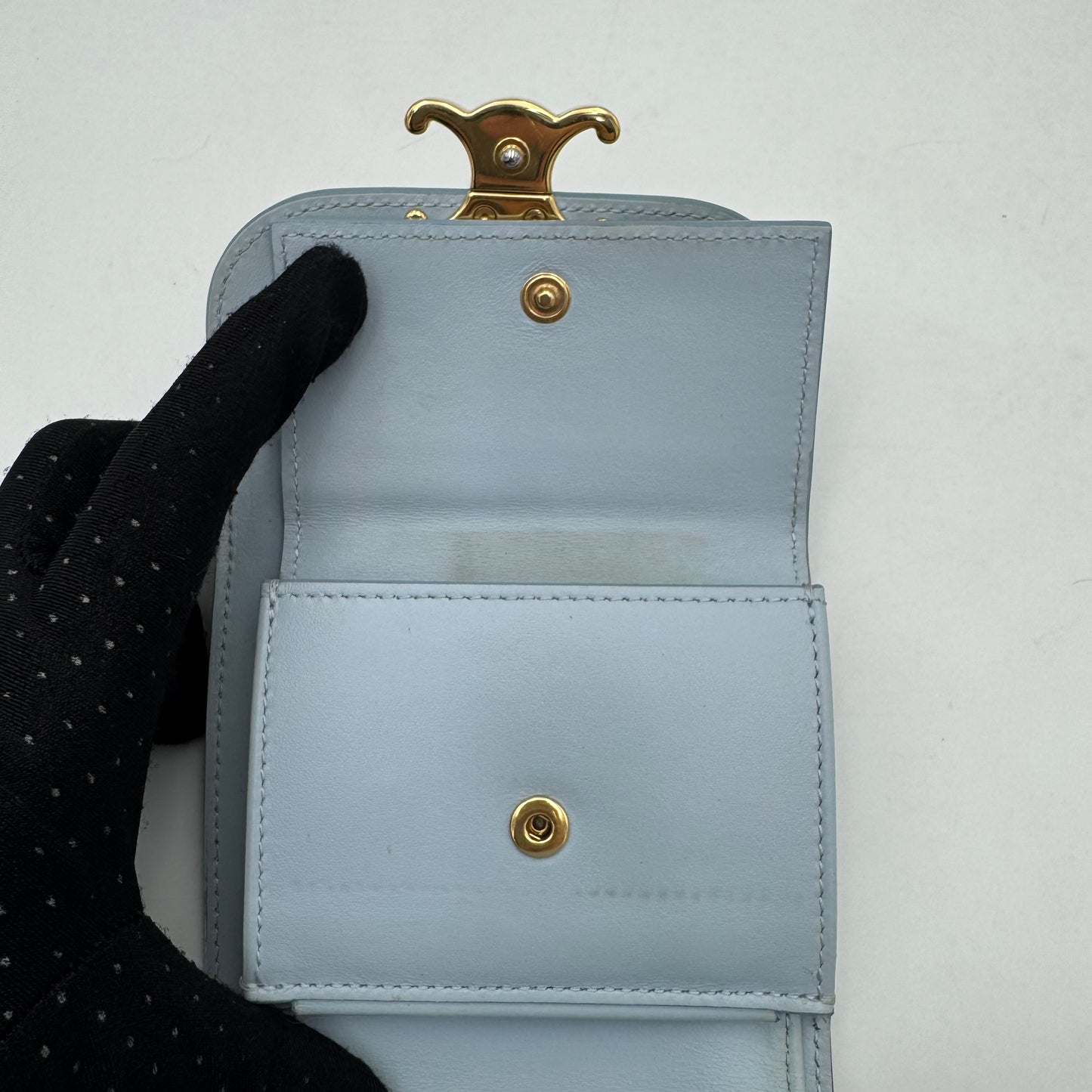 Celine Paris Light Blue Shiny Calfskin Triomphe Small Flap Wallet GHW