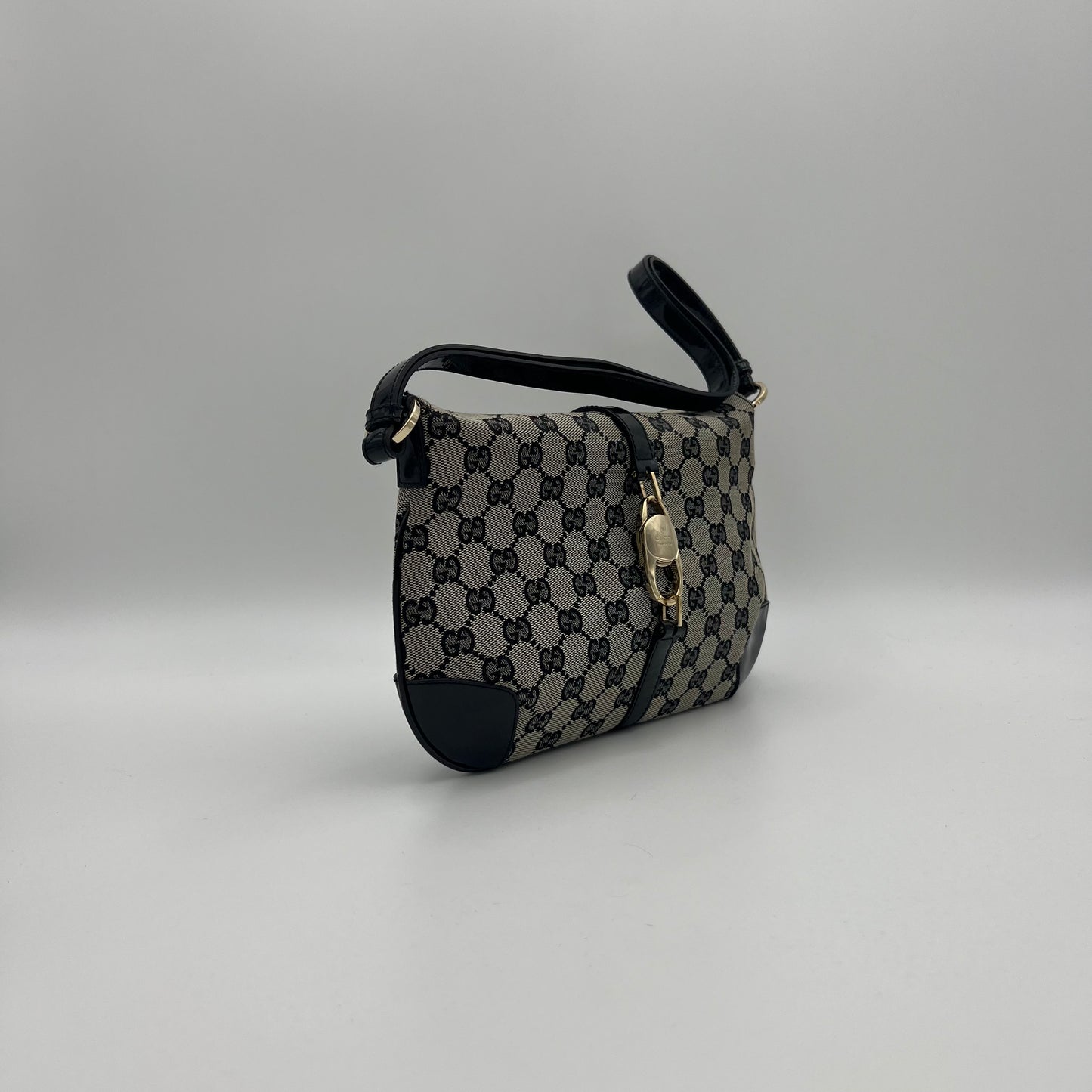 Gucci Black Monogram Canvas and Patent Leather Bolso Jackie Shoulder Bag