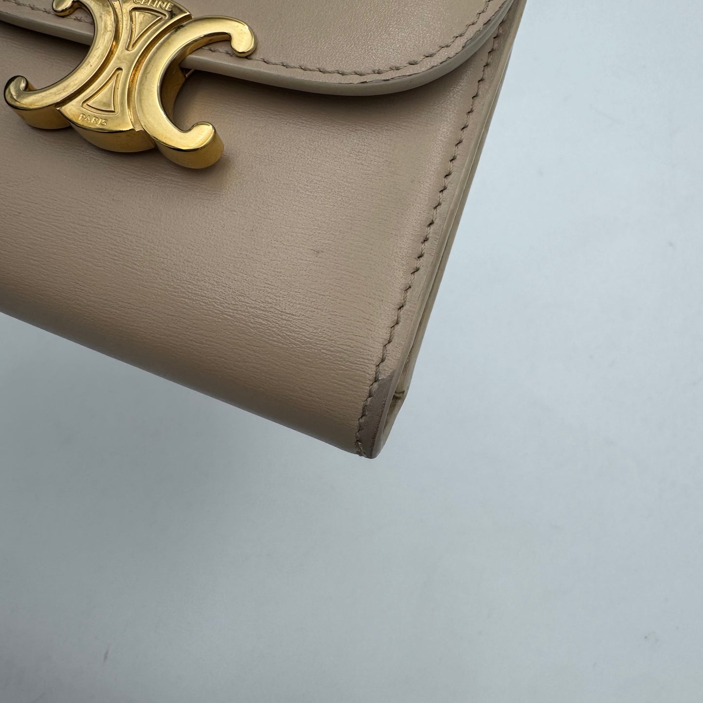 Celine Paris Beige Shiny Calfskin Triomphe Small Flap Wallet GHW