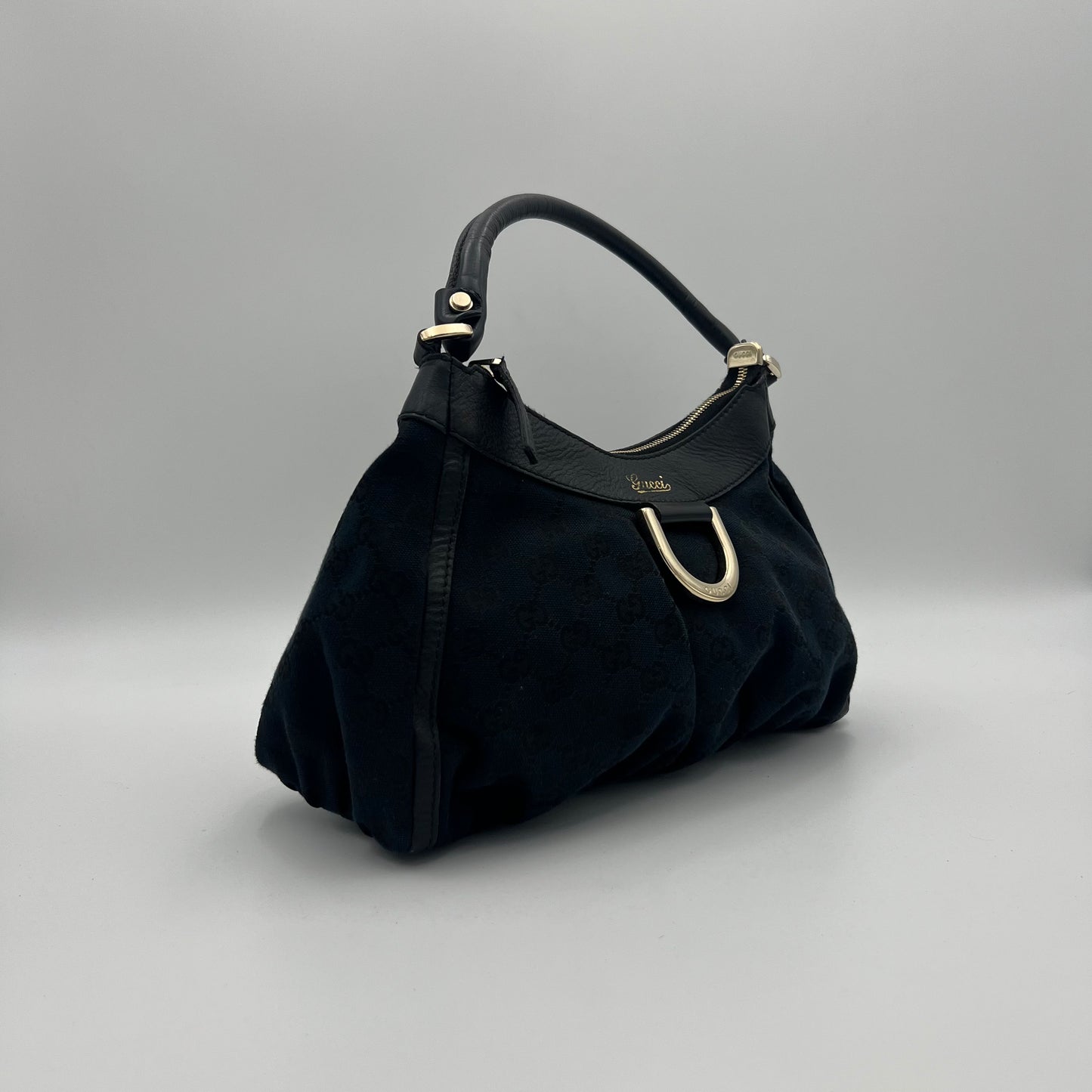 Gucci Black Monogram Canvas Abbey D-Ring Hobo Small Shoulder Bag
