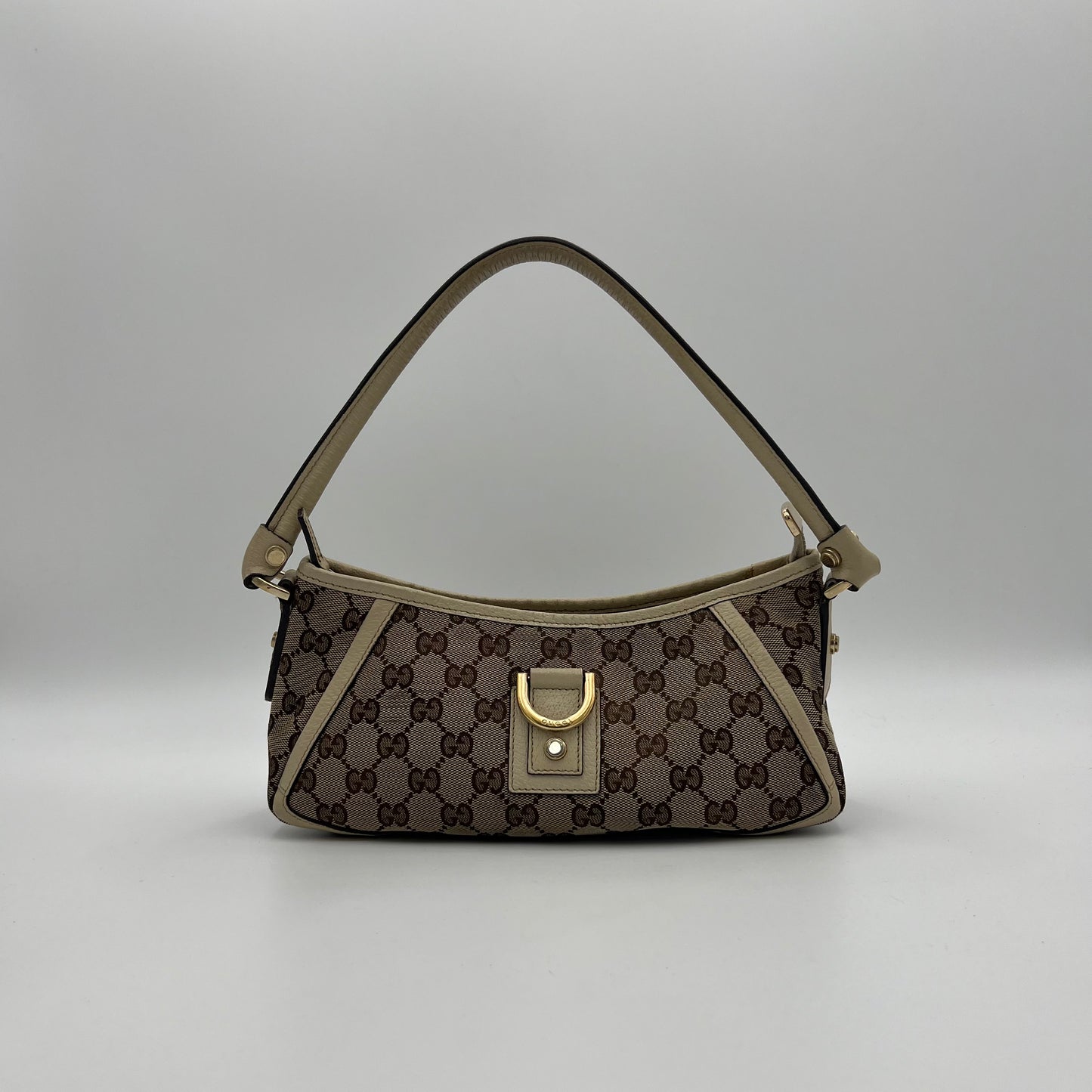 Gucci Beige Monogram Canvas and White Leather Abbey D-Ring Pochette