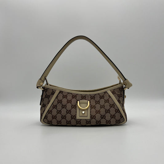 Gucci Beige Monogram Canvas and White Leather Abbey D-Ring Pochette